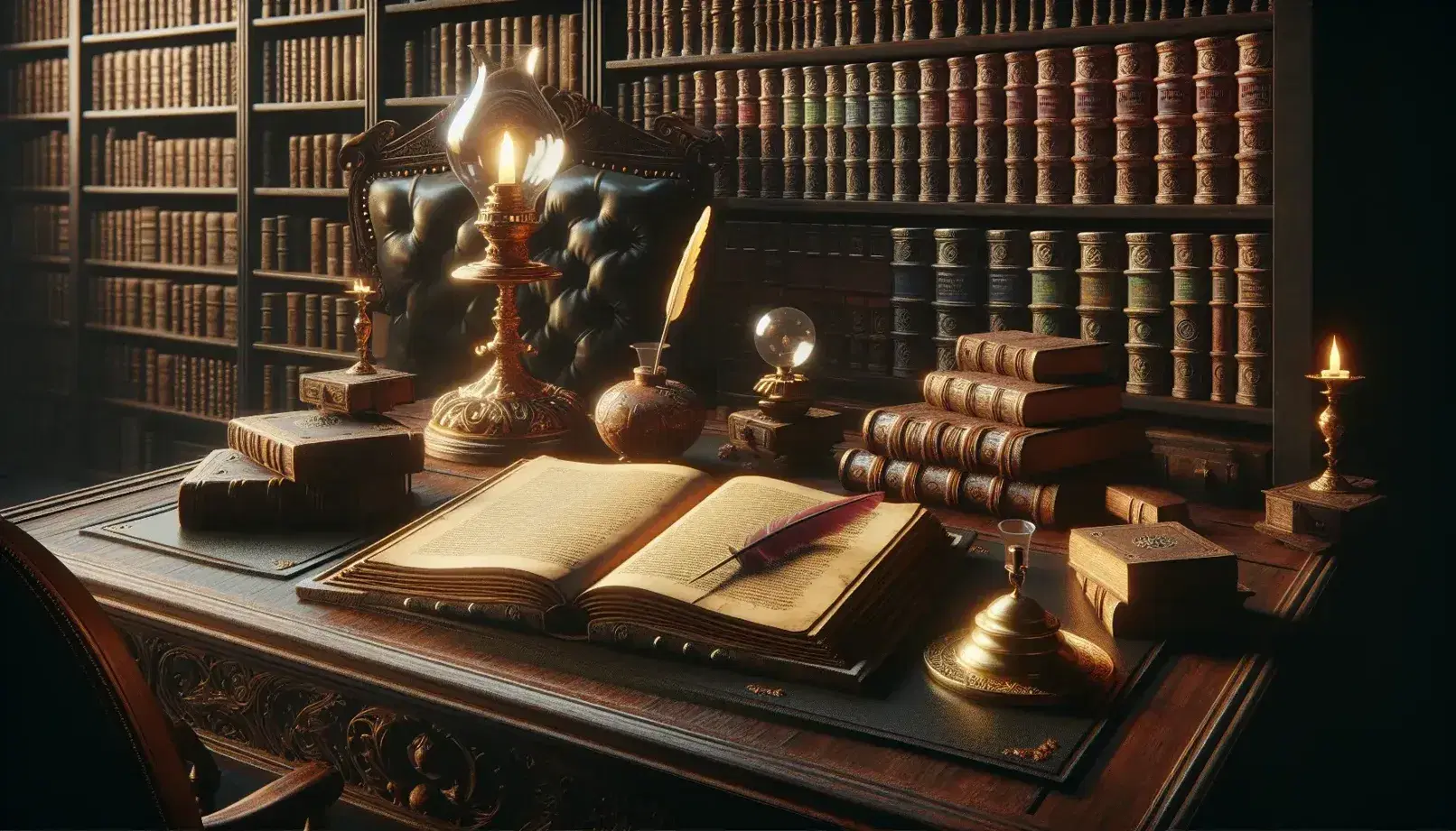 Vintage library with a carved desk, oil lamp, open book, inkwell with quill, and tall bookshelves filled with leather-bound books, beside a red velvet armchair.