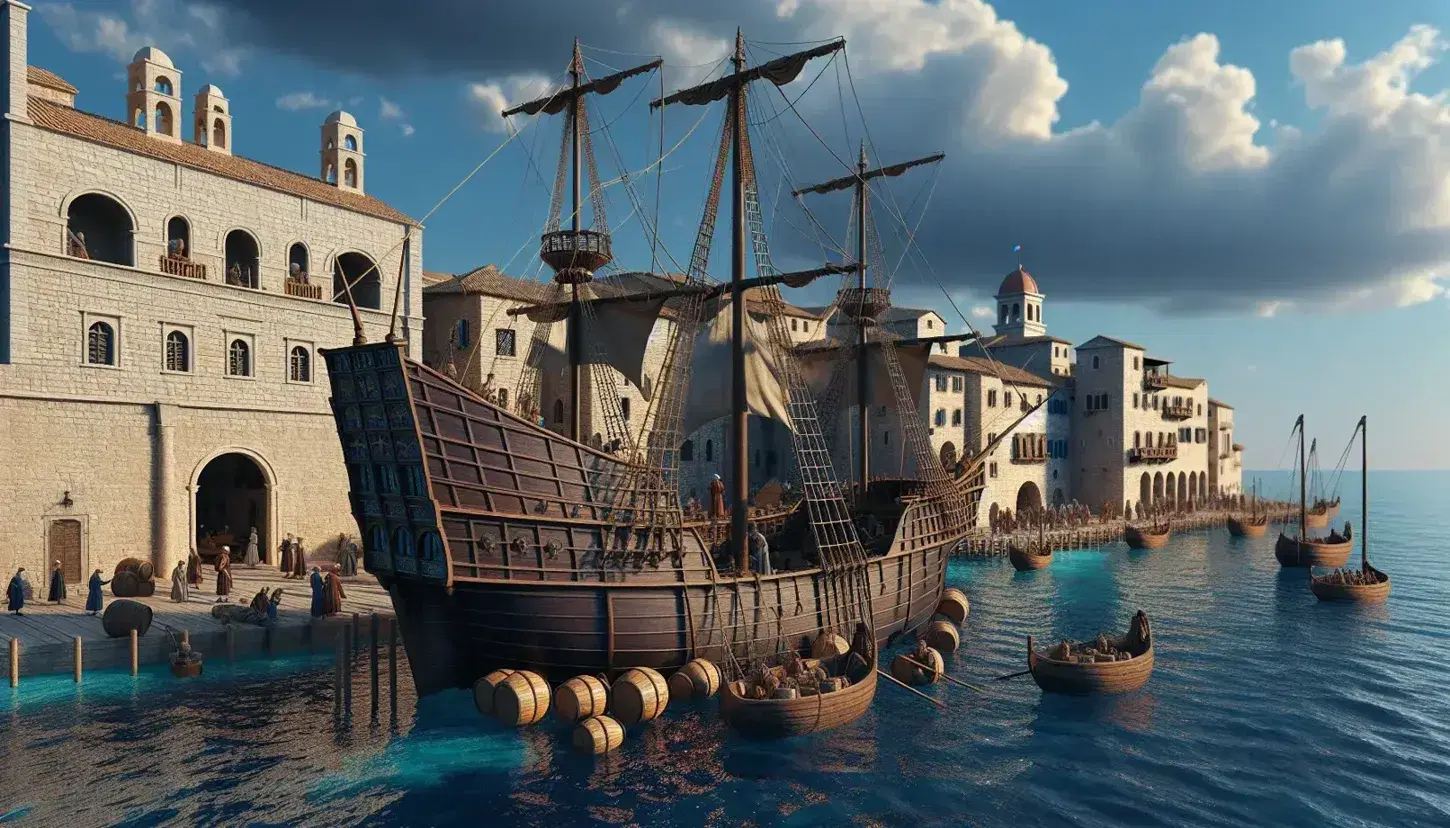 Riproduzione di una nave mercantile medievale delle repubbliche marinare italiane ancorata in un porto antico, con figure in costume e città costiera sullo sfondo.