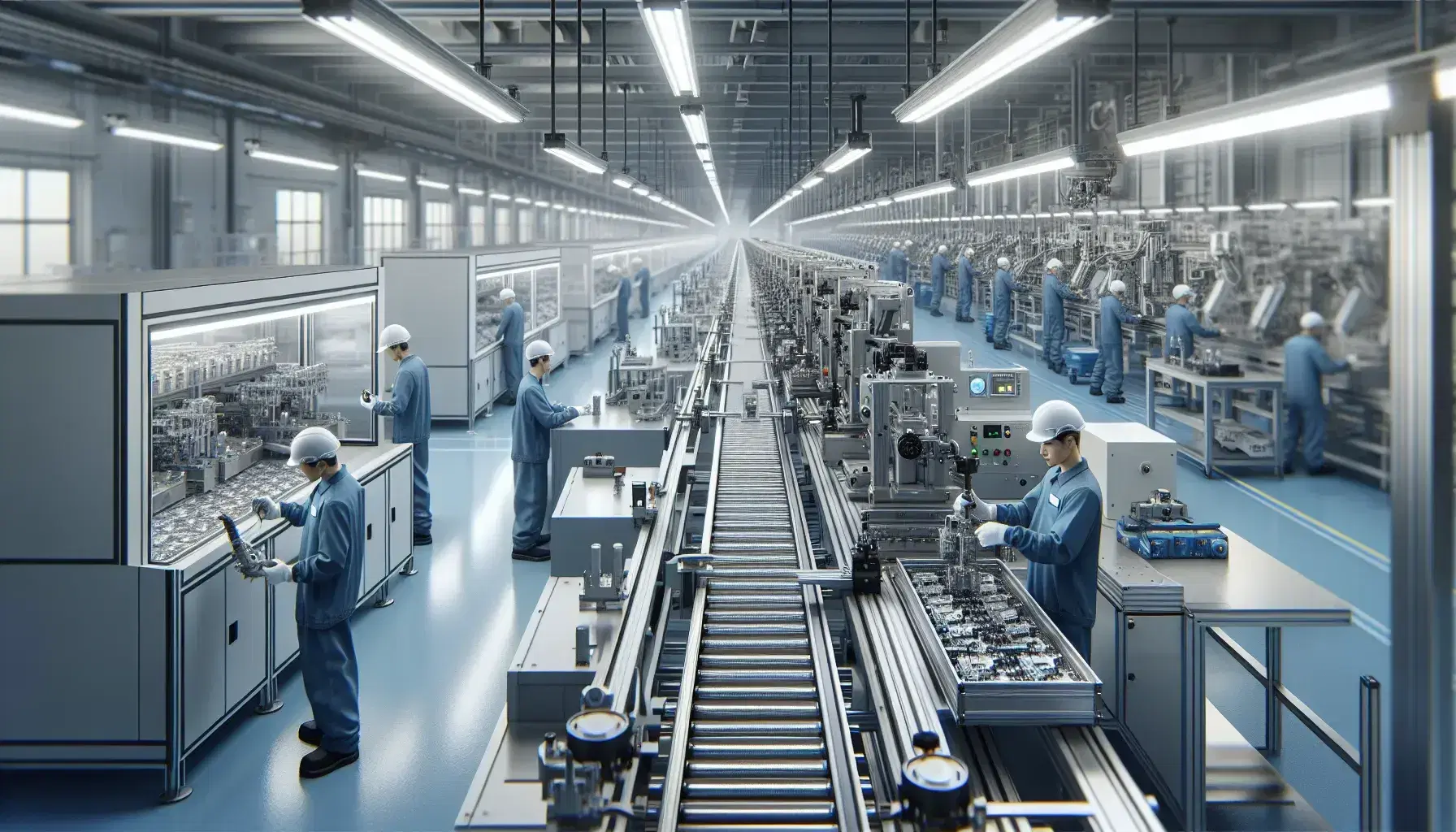 Fábrica moderna con línea de ensamblaje y trabajadores en uniformes azules y cascos blancos manipulando herramientas y revisando productos semiensamblados.