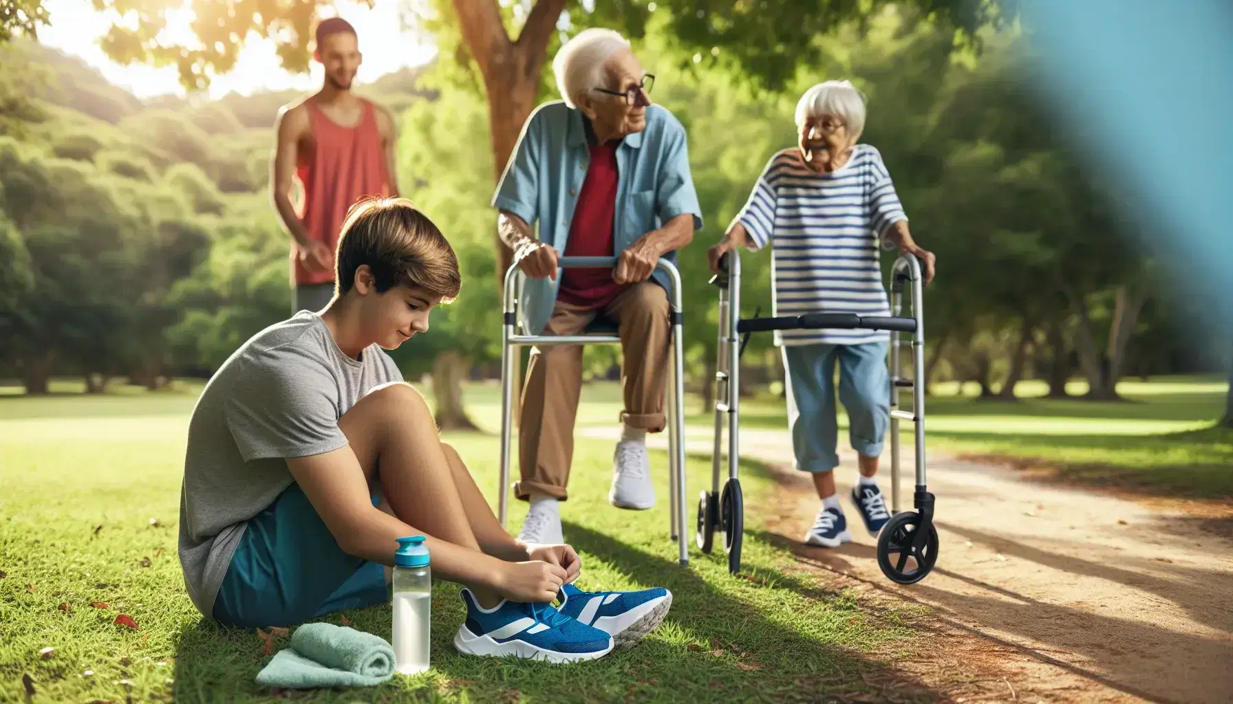 Grupo de tres personas en parque, joven atándose zapatillas deportivas azules, anciano con andador y niño caminando sonriente, rodeados de árboles y camino de tierra.