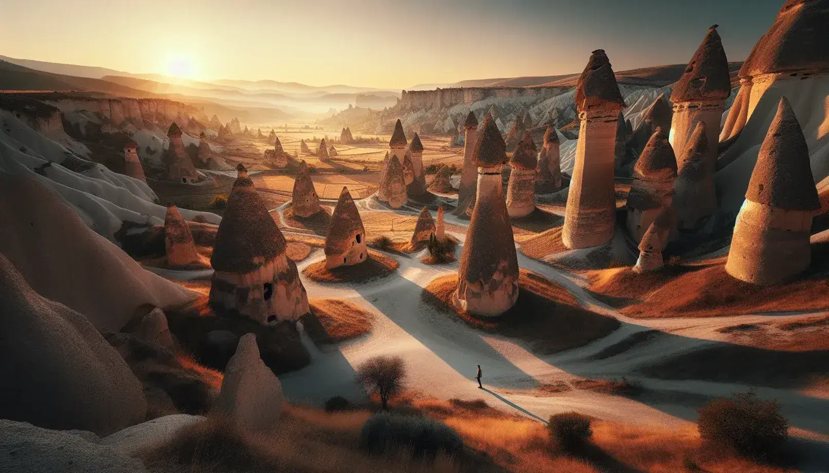 Vista panoramica della Valle di Göreme al tramonto con camini delle fate e cielo sfumato da arancione a blu, figura umana a sinistra.