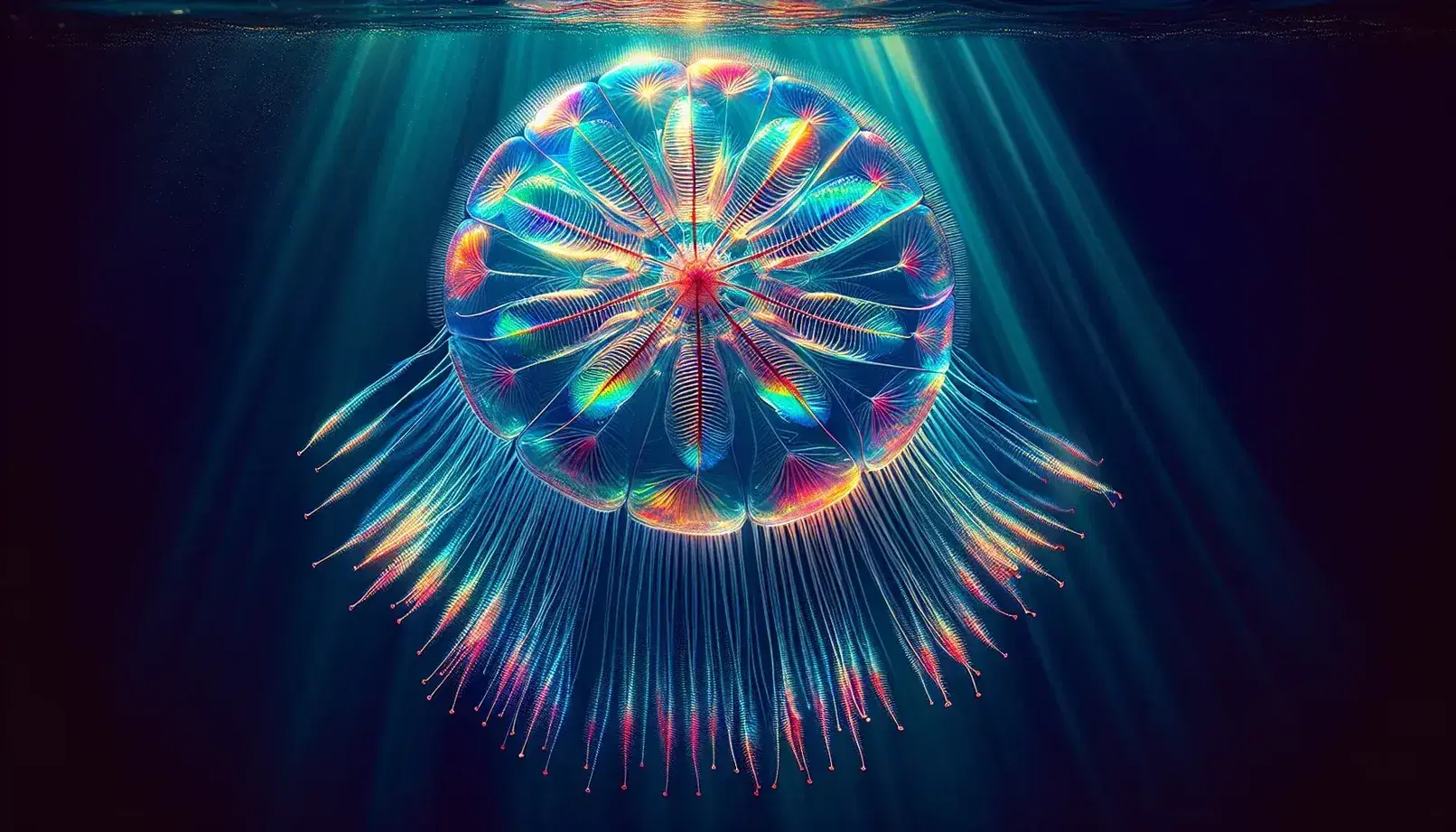 Ctenoforo trasparente con riflessi iridescenti nuota in acque oceaniche blu, mostrando simmetria radiale e tentacoli delicati.