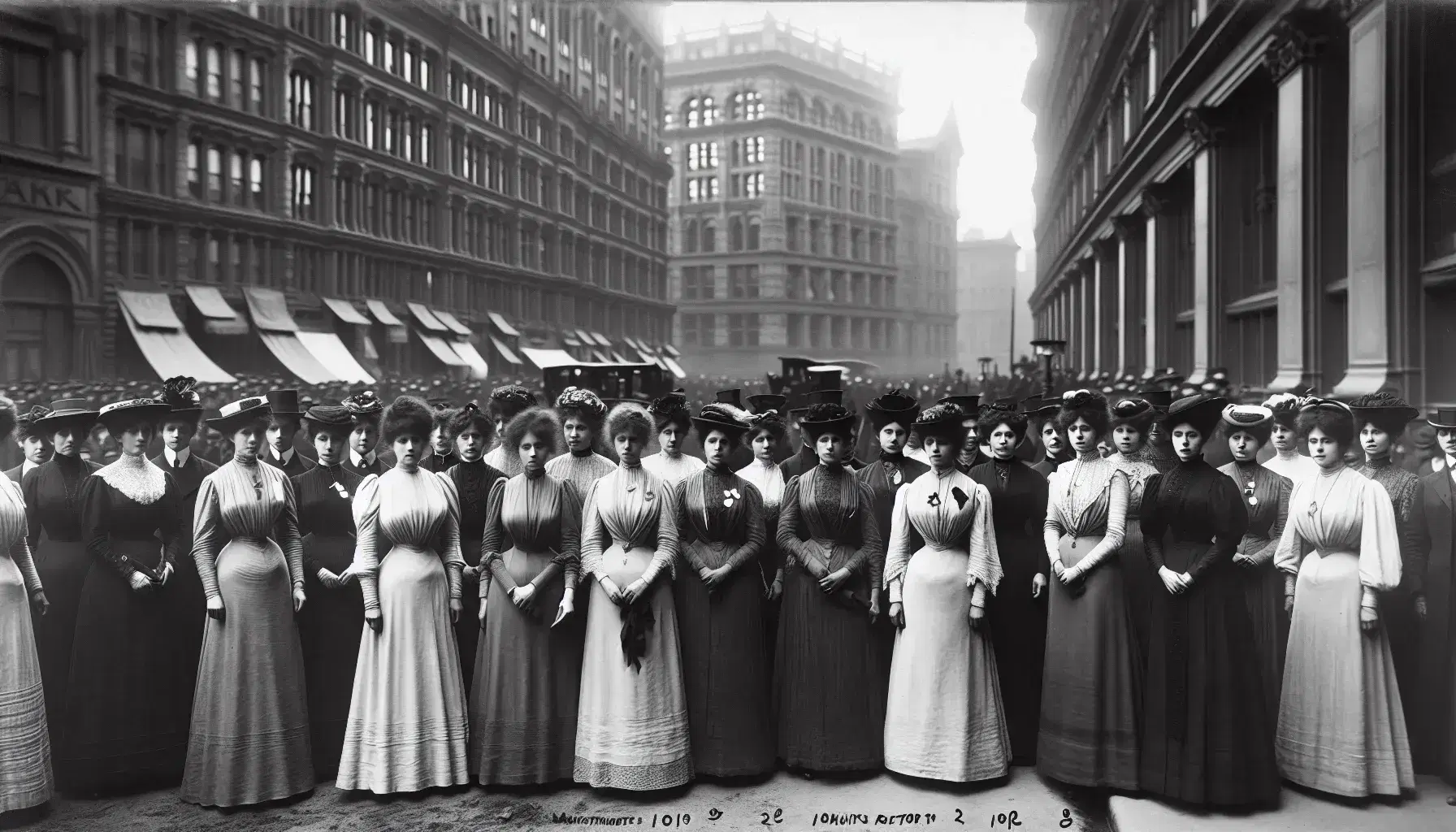 Early 20th-century photograph showing a line of women in period attire with blank banners on a bustling city street with horse-drawn carriages.