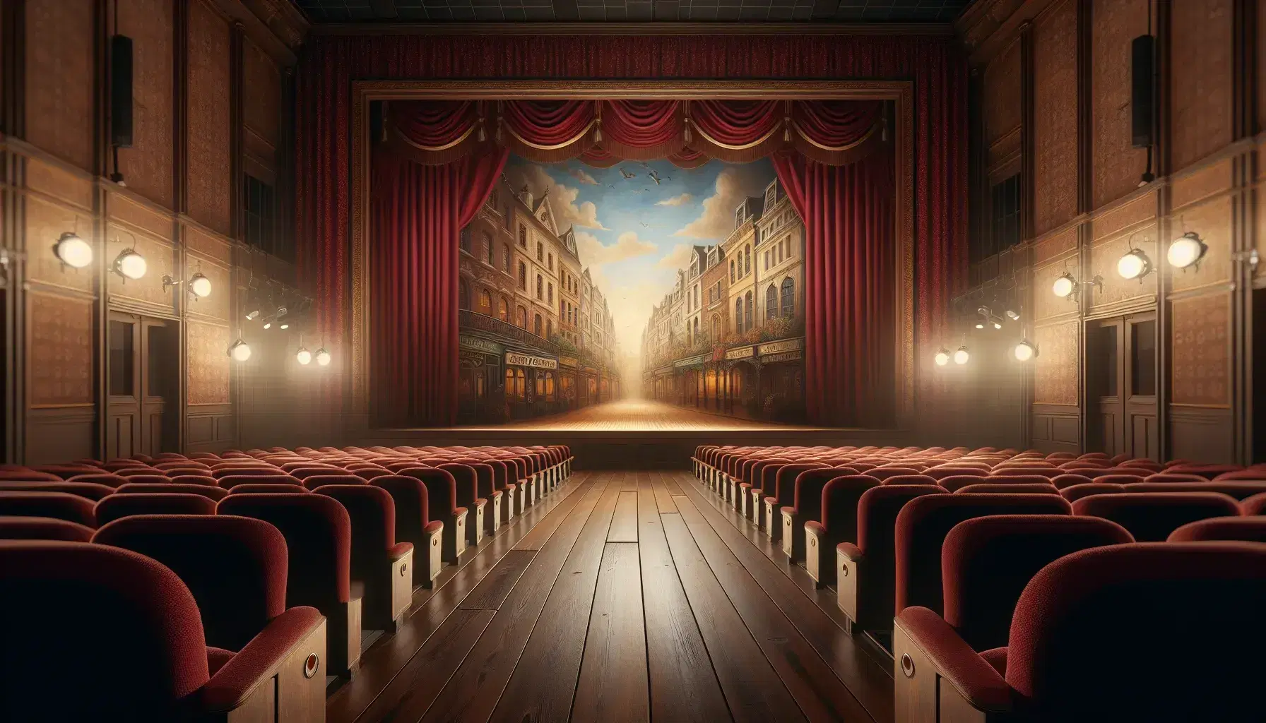 Escenario teatral vacío con asientos de terciopelo rojo, cortinas borgoña y telón pintado de calle vintage bajo luces cálidas, esperando una función.