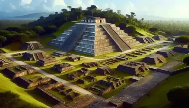 Vista panorámica de ruinas precolombinas con pirámide escalonada central, estructuras de piedra y vegetación, bajo cielo azul claro.