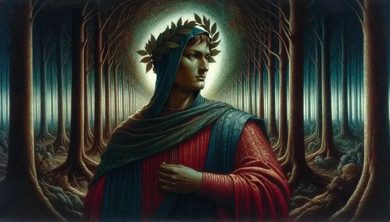 Ritratto artistico di Dante Alighieri in abiti medievali rossi e blu con corona d'alloro, espressione pensierosa, su sfondo di foresta oscura.