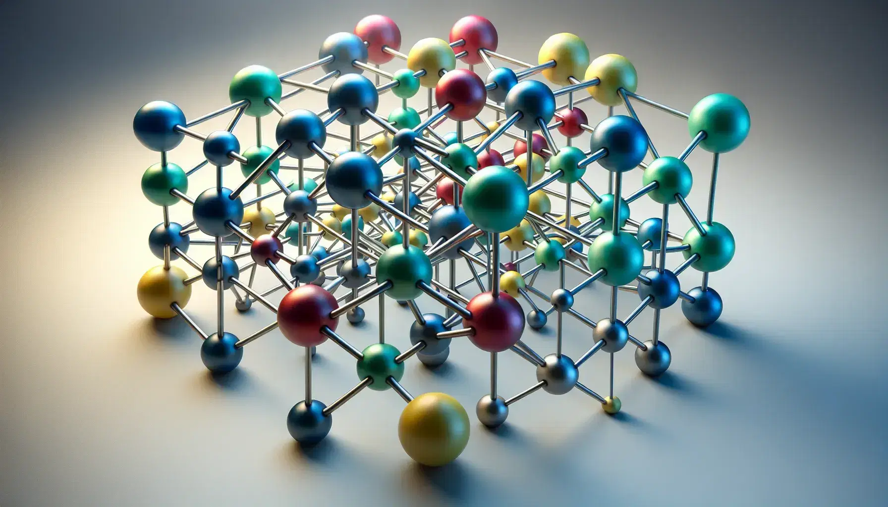 Multicolored spheres connected by metallic rods in a 3D lattice structure against a gradient gray background, showcasing interconnectedness and depth.