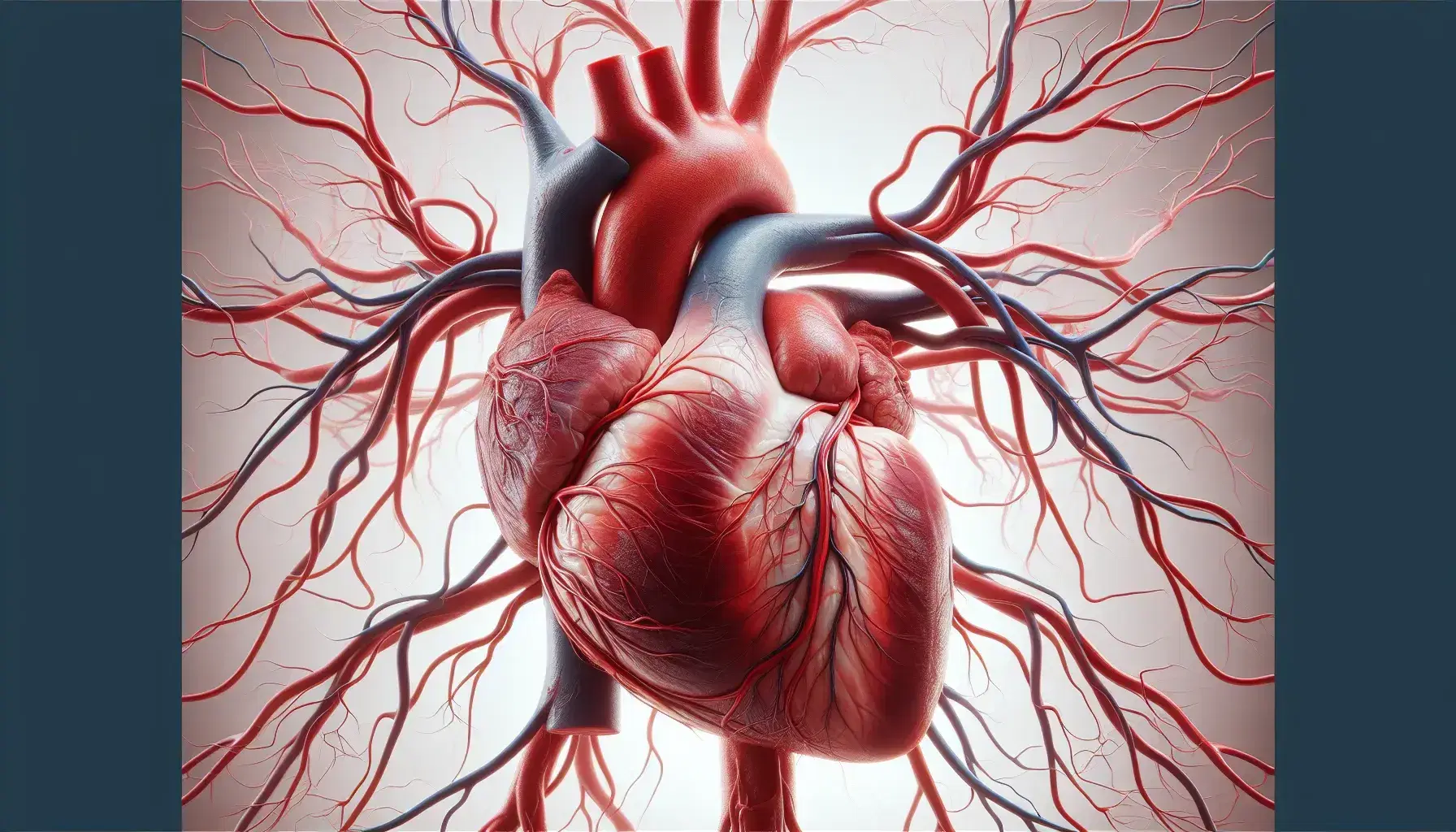 Corazón humano realista con red de arterias rojas y venas azules detalladas, destacando la anatomía cardiovascular sin elementos distractores.