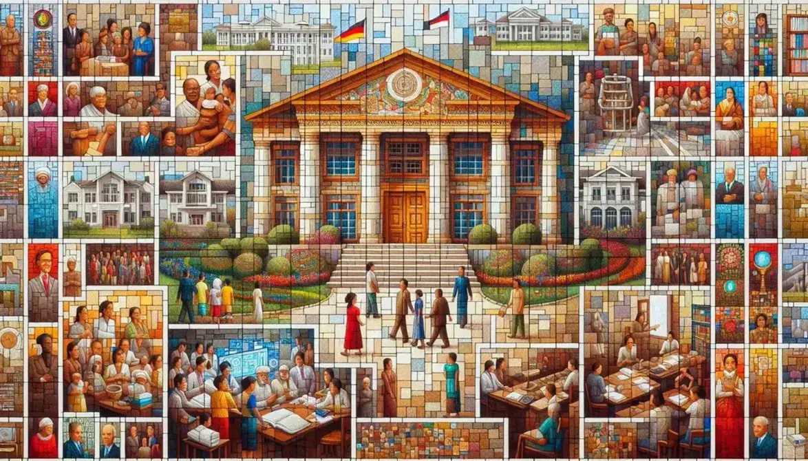 Mosaico con comunità multietnica, edificio religioso con giardino, palazzi amministrativi, laboratorio scientifico e sito storico-artistico.