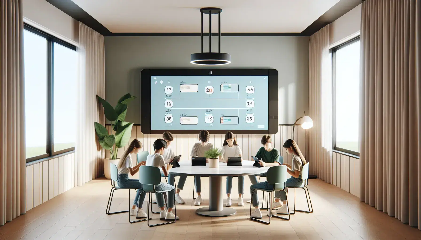 Aula moderna y luminosa con estudiantes enfocados en tabletas digitales sobre mesa redonda, pizarra interactiva apagada al fondo y planta verde decorativa.