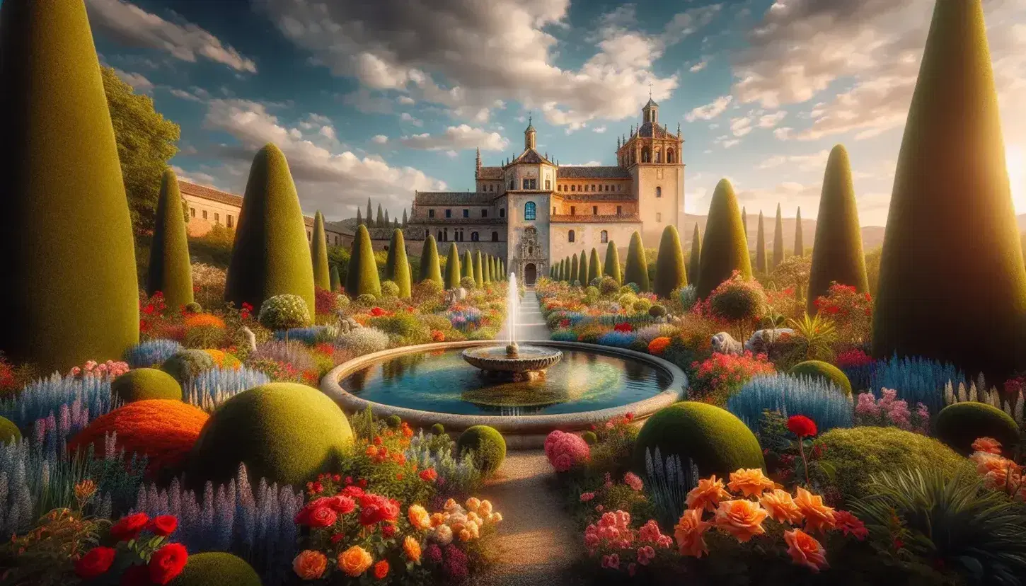 Jardín renacentista con flores coloridas y fuente de piedra, palacio con ventanas arqueadas y torre central, rodeado de árboles y cielo azul.