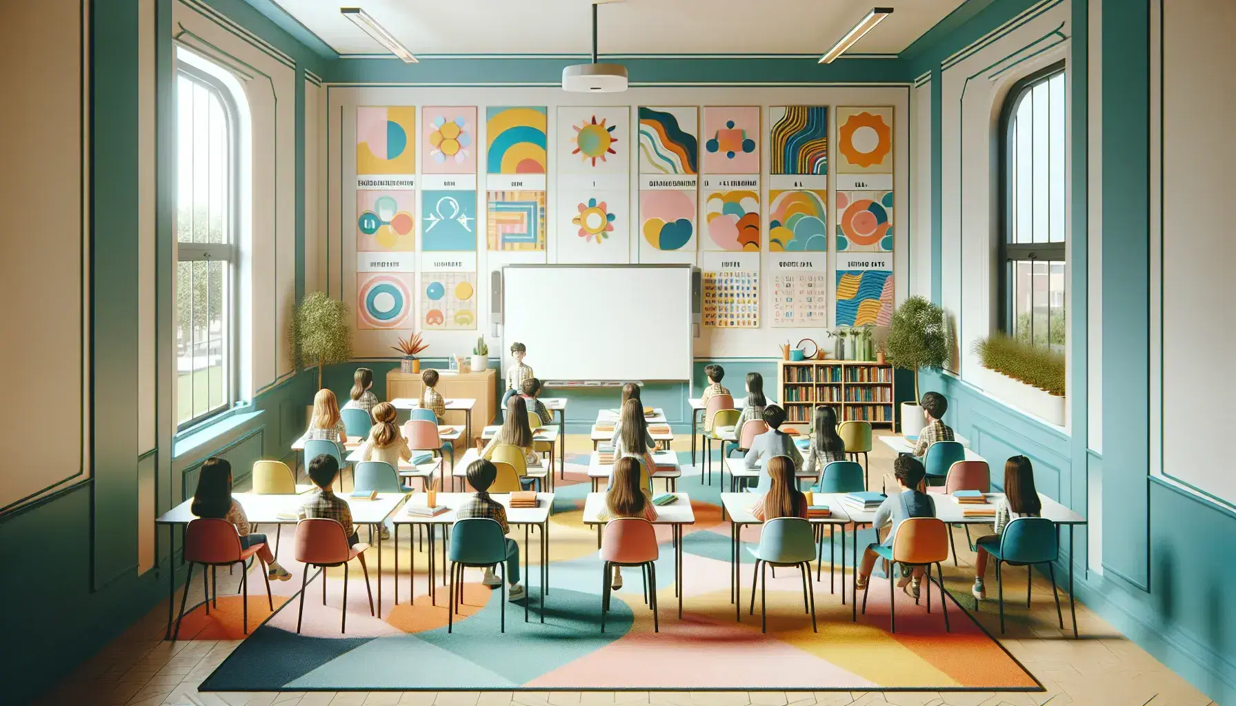 Aula escolar colorida con estudiantes sentados en círculo en sillas, profesor gestualizando, pizarra al fondo y estantería con libros y plantas.