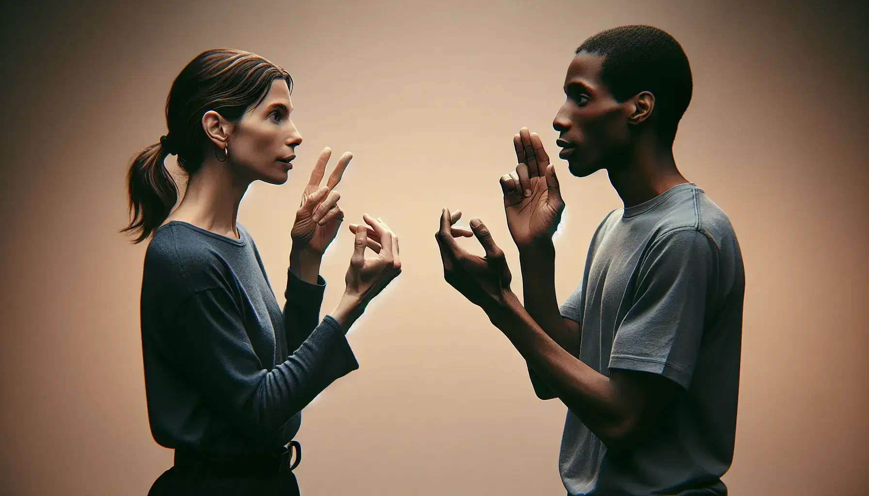 Two individuals using American Sign Language in conversation, with expressive hand gestures and attentive body language against a beige background.