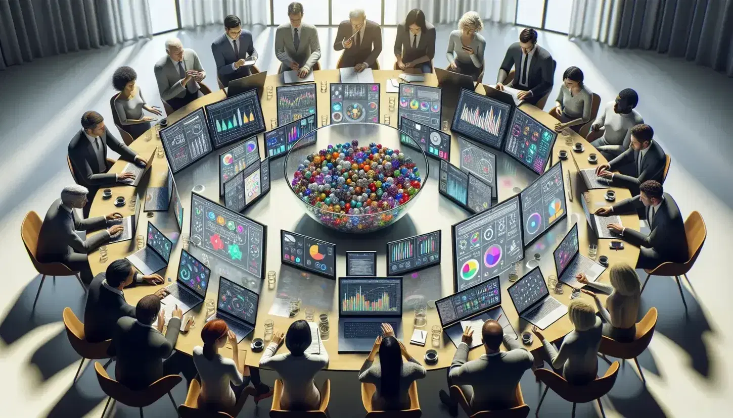 Multi-ethnic group collaborates around a round table with electronic devices and a bowl of colored marbles, in a bright environment.