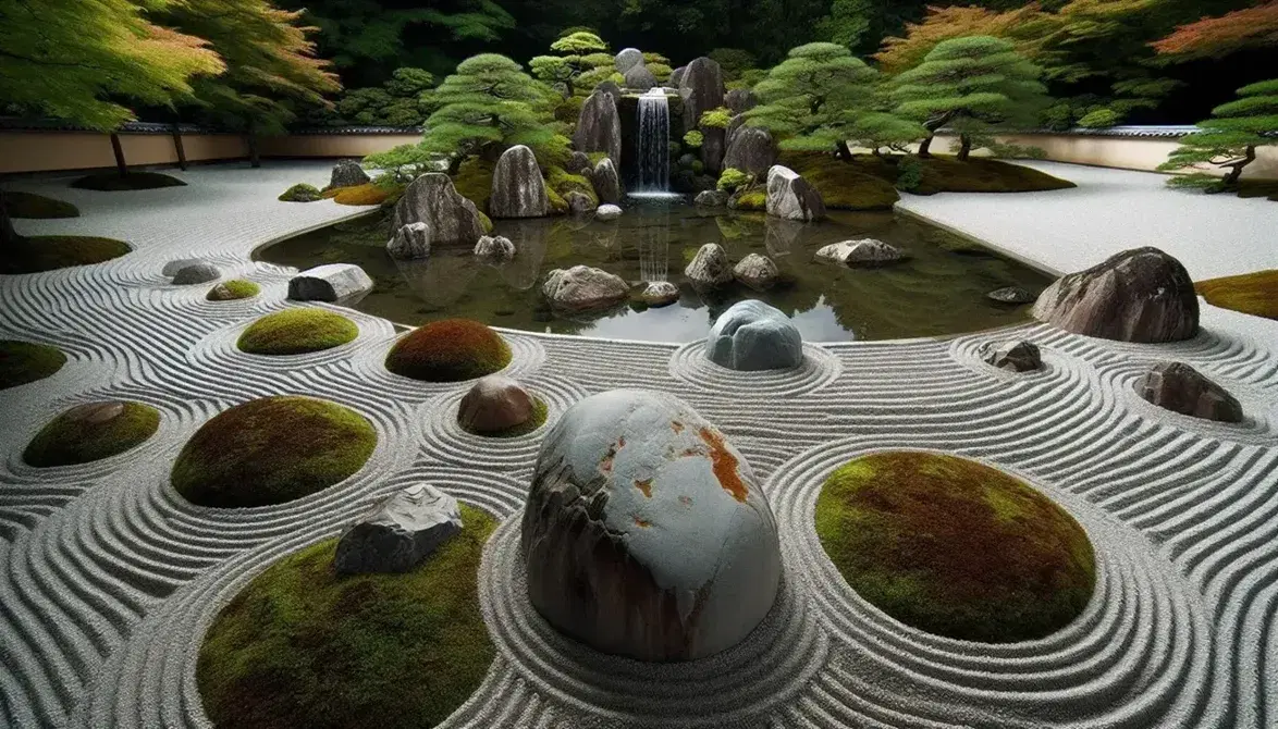 Traditional Japanese Zen garden with raked gravel, boulders, a waterfall, koi pond, trimmed greenery, and a classic wooden structure under a clear blue sky.