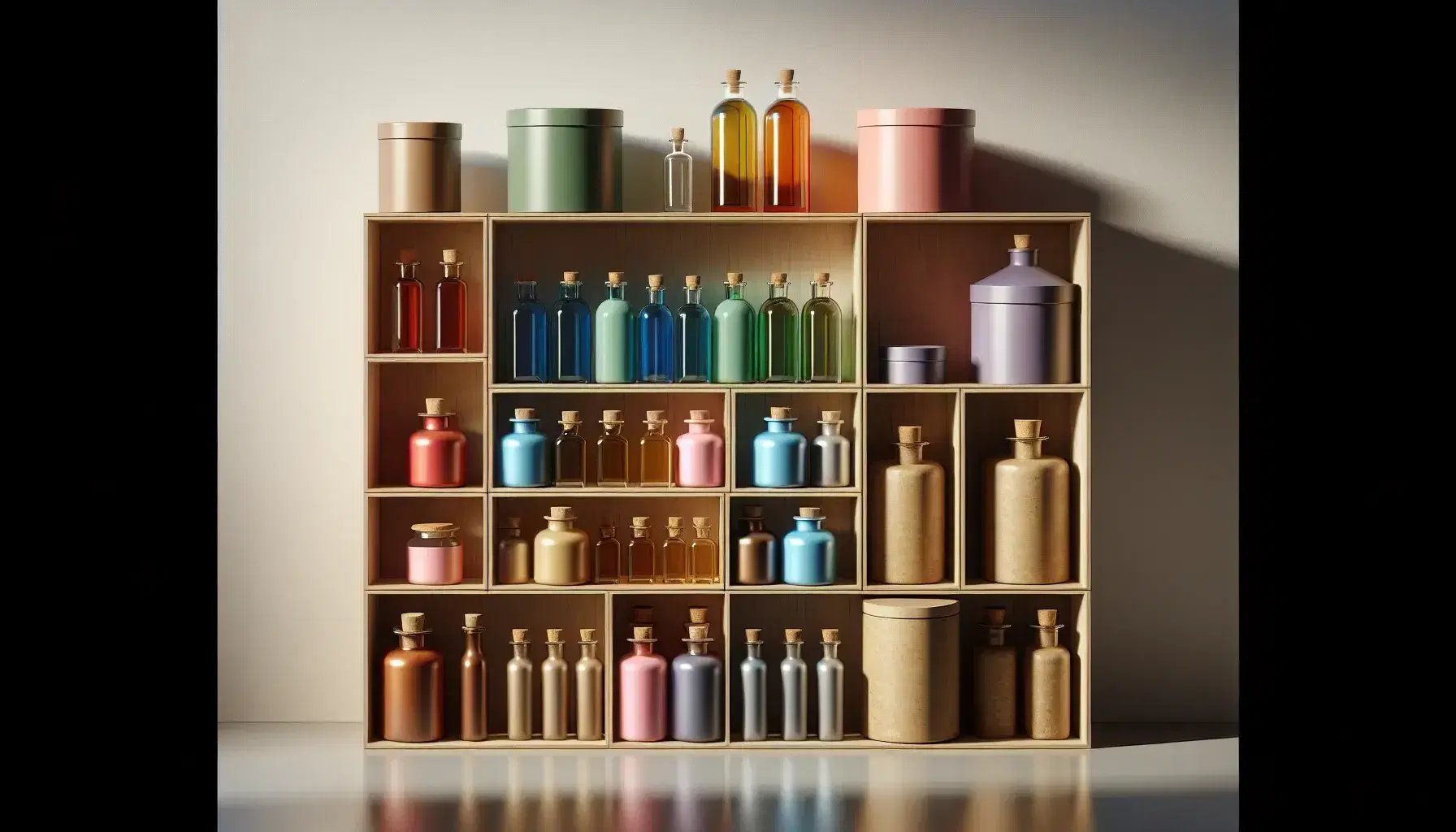 Estante de madera con botellas de líquidos de colores, cajas de cartón cúbicas, latas metálicas y frascos cerámicos con tapas de corcho, ordenados por niveles.