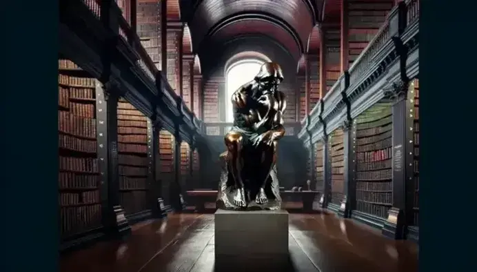 Statua in bronzo di filosofo pensieroso con libro, su piedistallo in biblioteca antica con scaffali di libri rilegati e luce naturale.