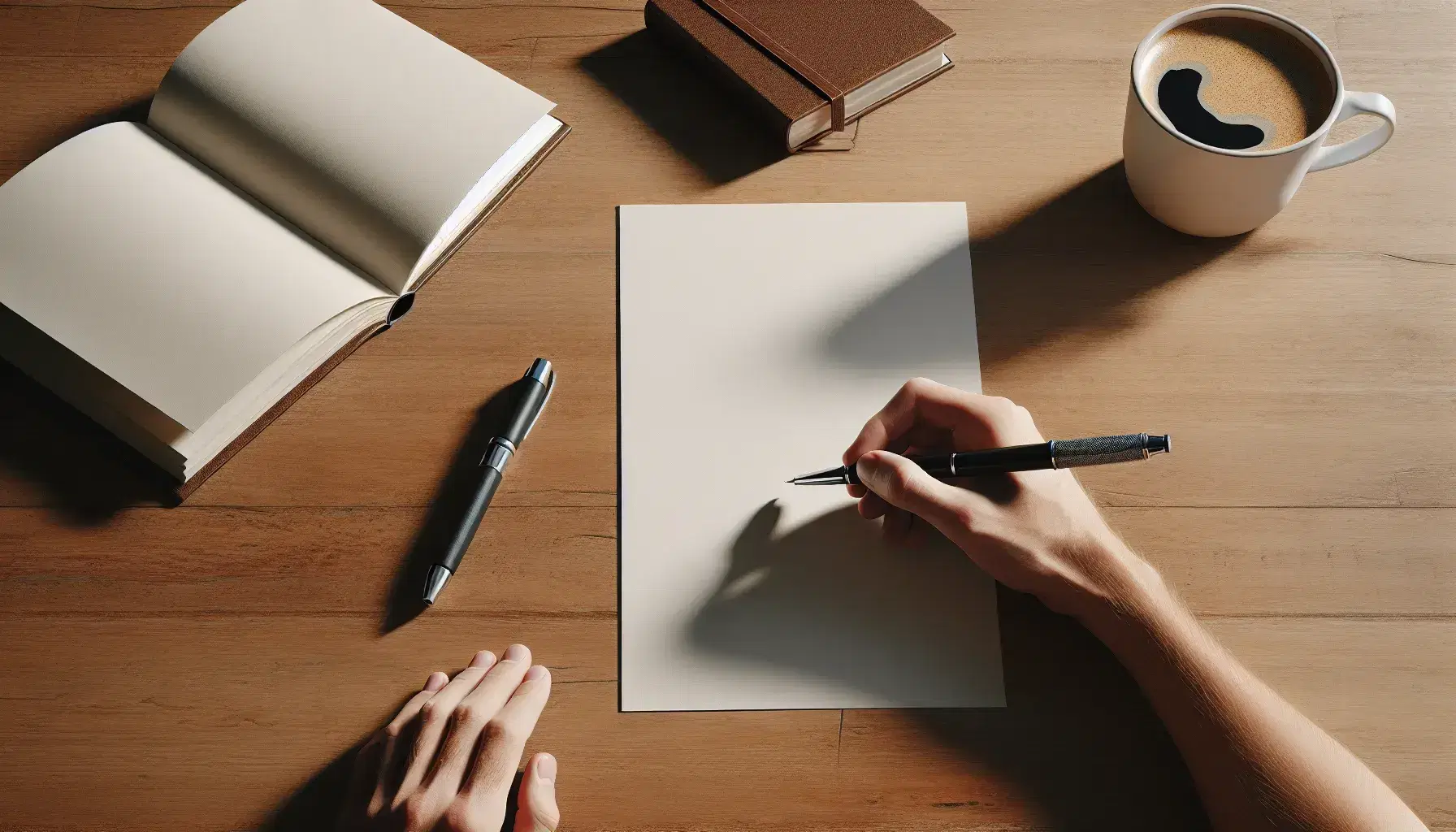 Mano sujetando un bolígrafo negro mientras escribe en papel blanco sobre mesa de madera, junto a libro abierto y taza de café.