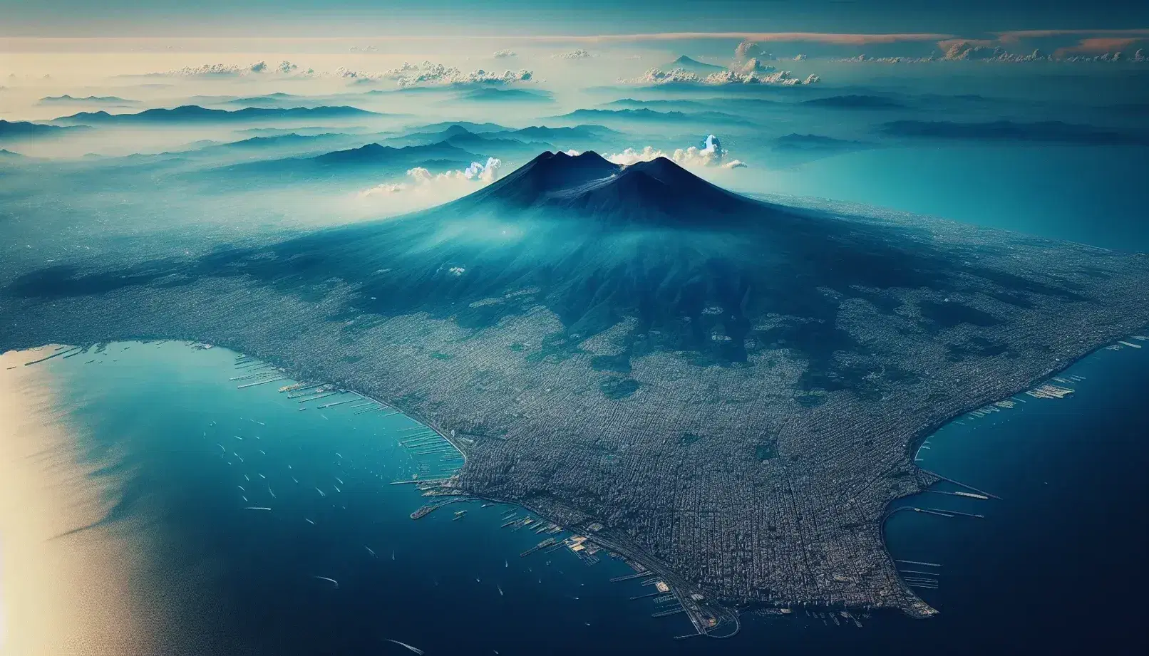 Veduta aerea del Golfo di Napoli con il Monte Vesuvio, acque blu riflettenti e insediamenti costieri.