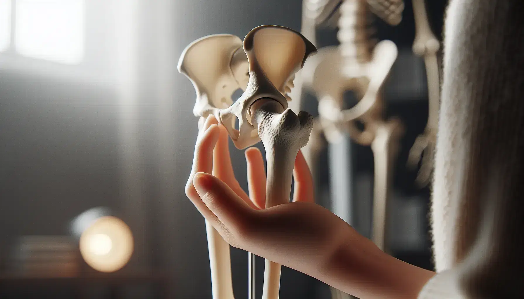 Mano che tiene modello anatomico del femore umano con dettagli come il collo e il condilo, su sfondo neutro sfocato.