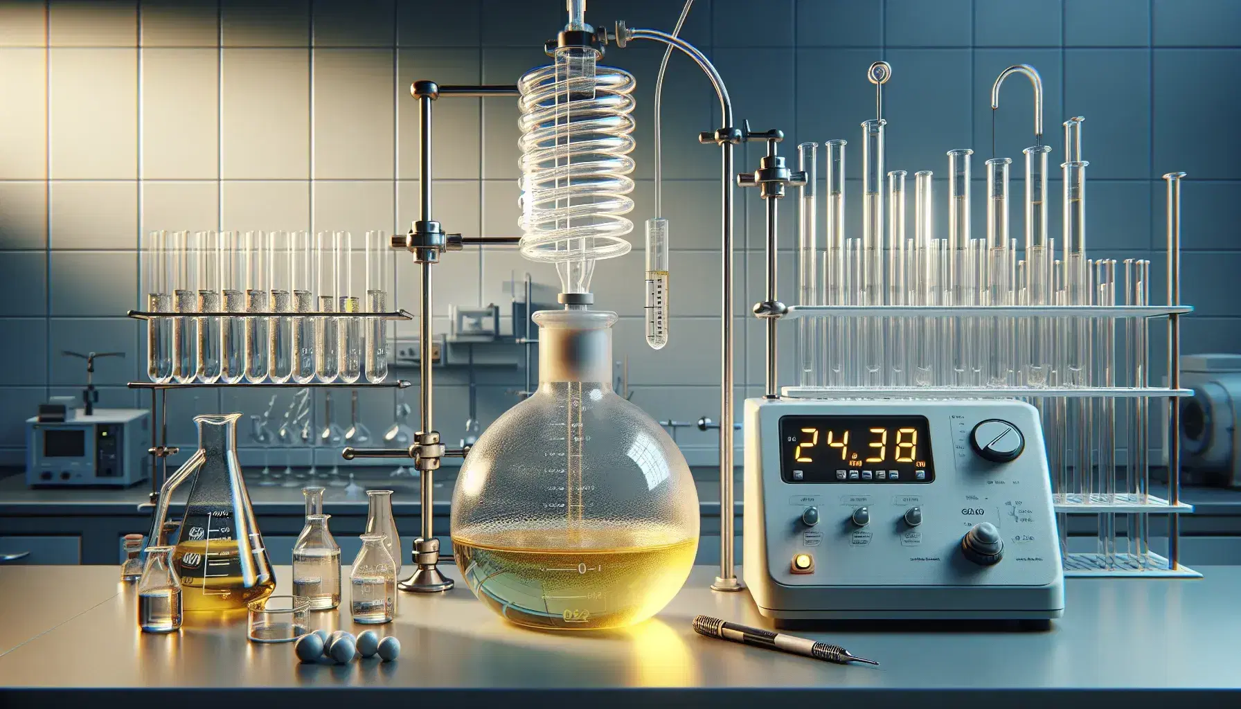 Chemical laboratory with round bottom flask containing yellow liquid connected to reflux condenser, magnetic stirrer and digital thermometer.