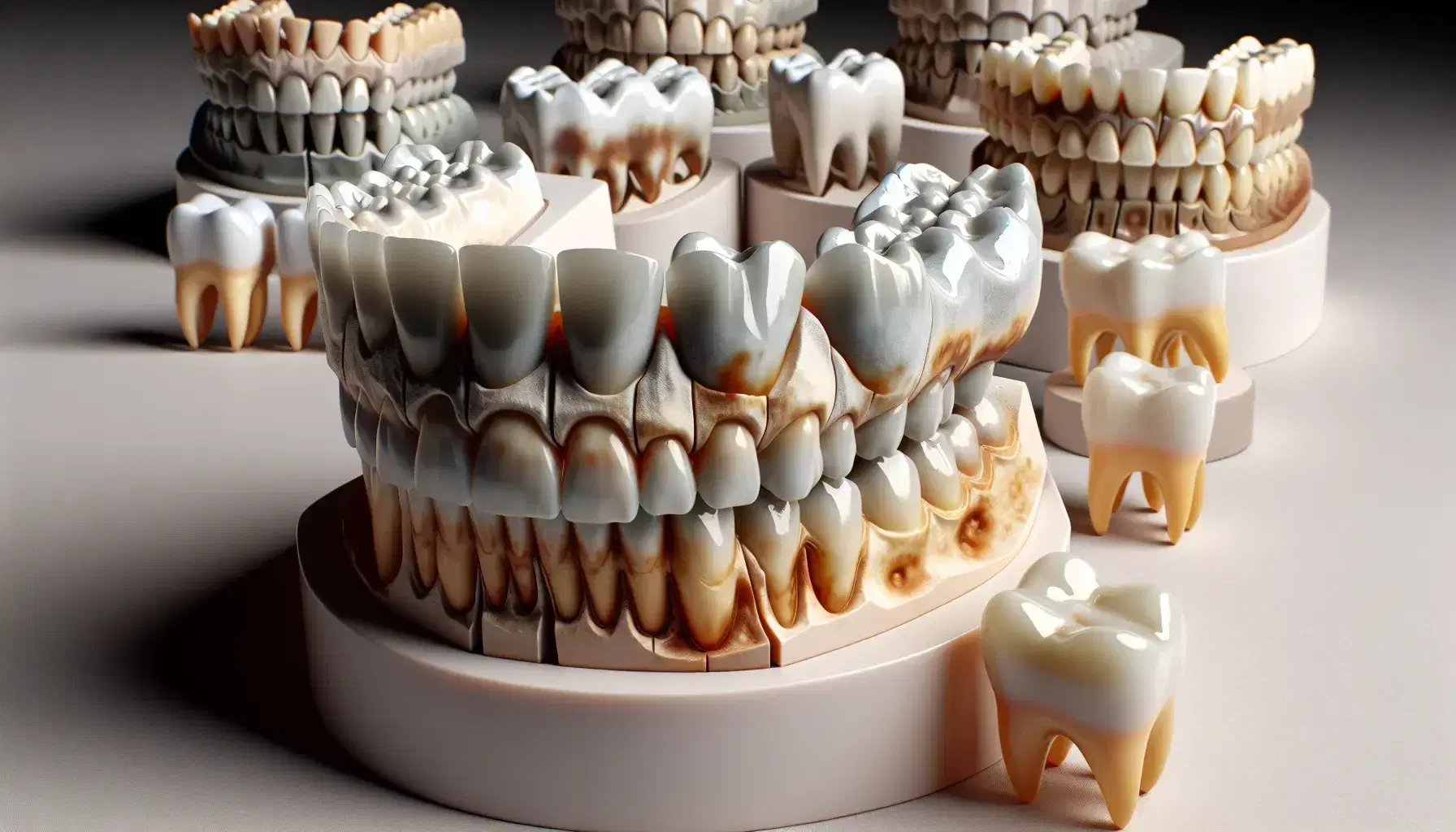 Modelos dentales mostrando condiciones como fluorosis, anomalías genéticas y dientes impactados sobre superficie clara, destacando texturas y colores realistas del esmalte dental.