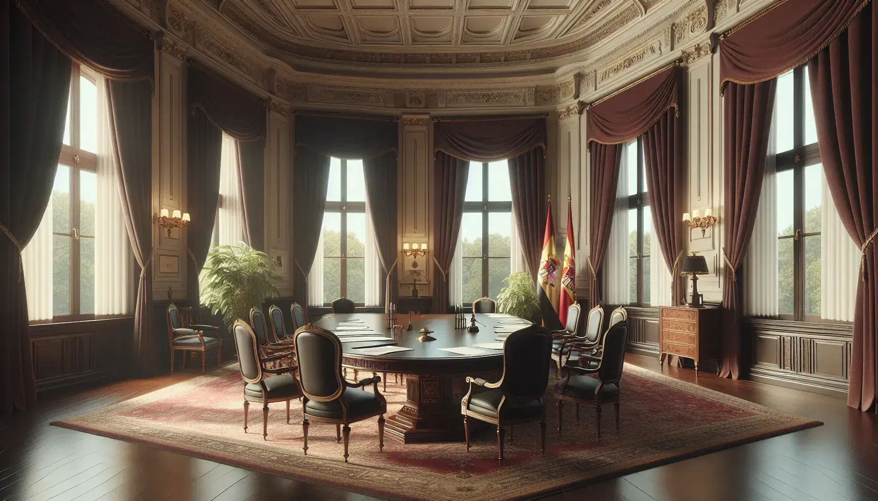 Sala solemne con mesa ovalada de madera oscura, sillas a juego, documentos y ventanas grandes que dejan entrar luz natural, bandera de España y planta verde.
