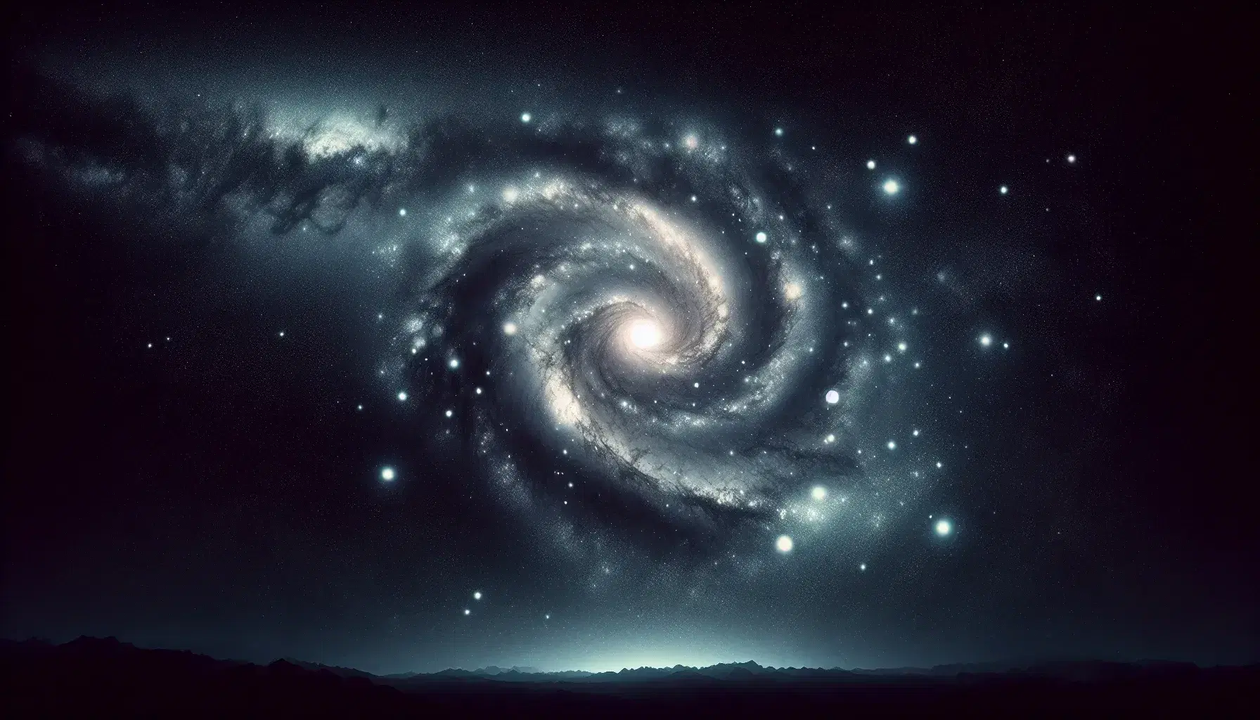 Cielo notturno stellato con galassia a spirale centrale dai toni bianchi, blu e viola e silhouette di montagne in basso.
