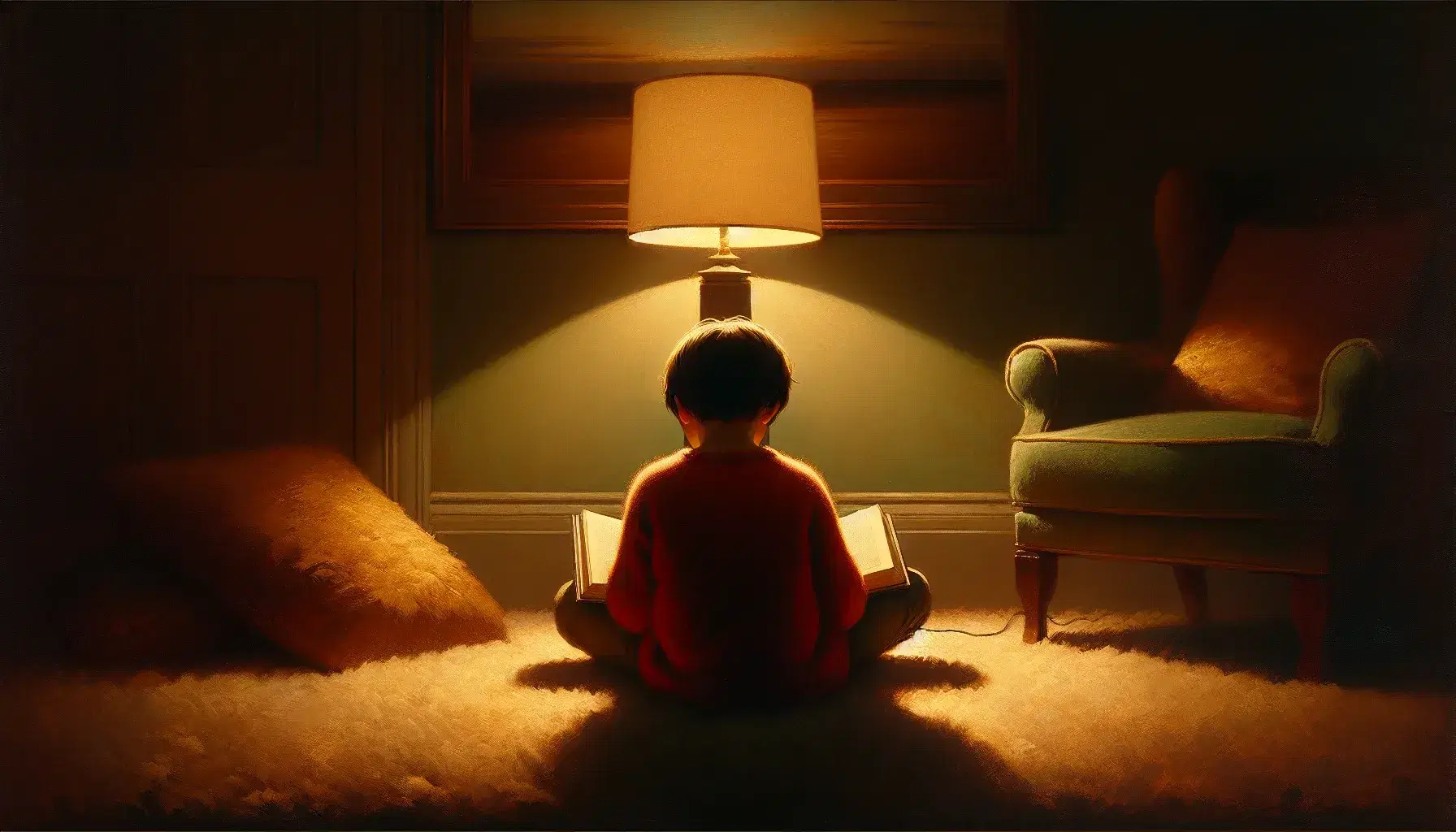 Child reading book on carpet with parent in armchair, warm room with bookshelves, floor lamp, and potted plant, cozy evening setting.