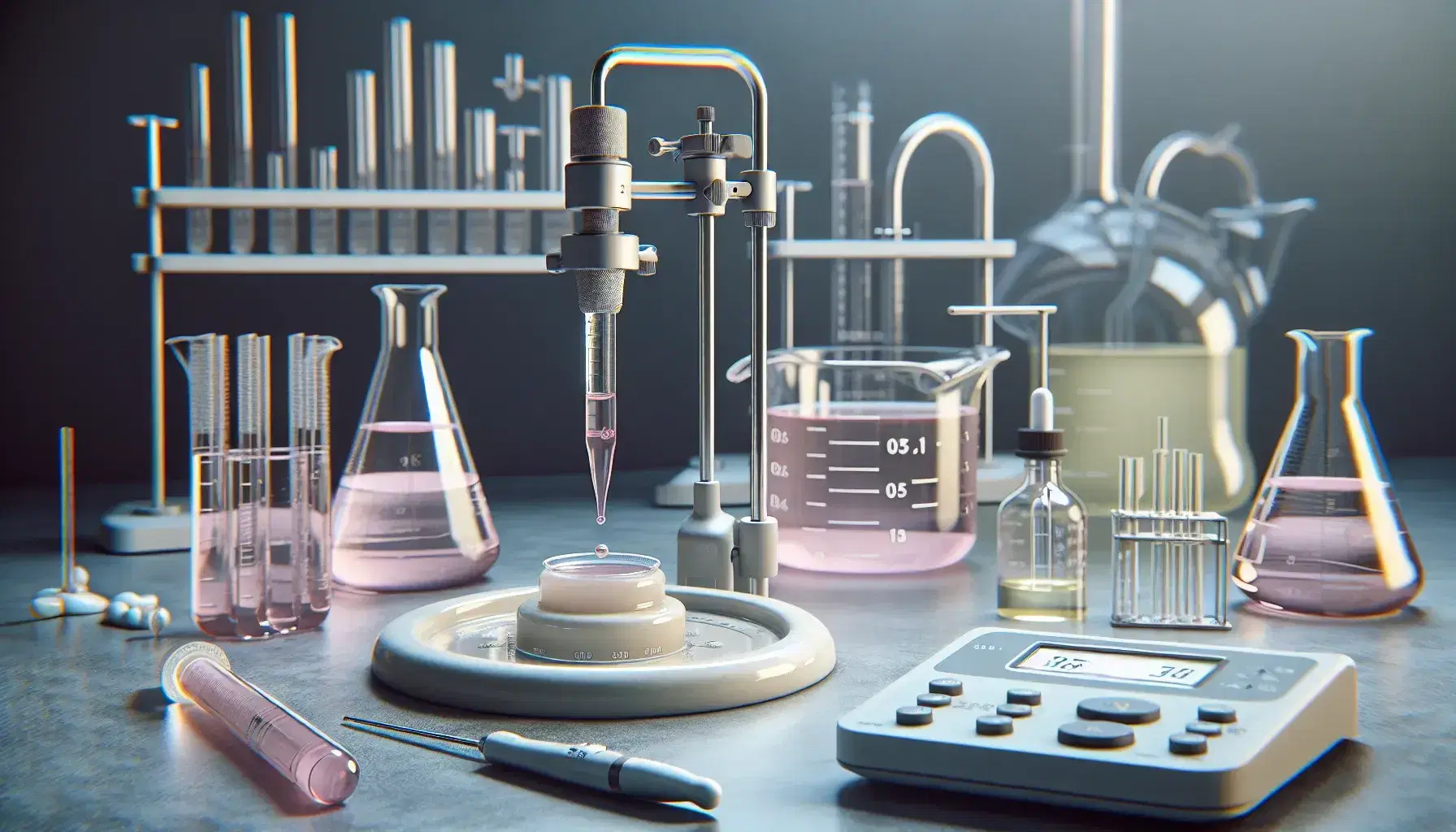 Titration experiment in laboratory with burette containing pink solution, titration plate with colorless liquid and digital pH meter.