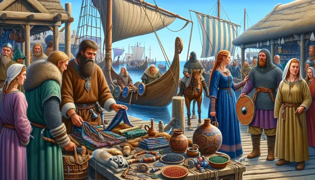 Viking marketplace scene with diverse traders, a Middle-Eastern man inspecting cloth, a woman merchant with goods, a docked longship, and a Hispanic man with a horse.