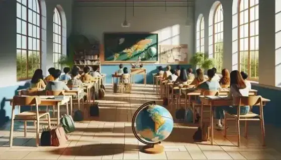 Aula scolastica colorata con banchi a semicerchio, lavagna, finestre luminose, globo terrestre, pianta verde e studenti impegnati.