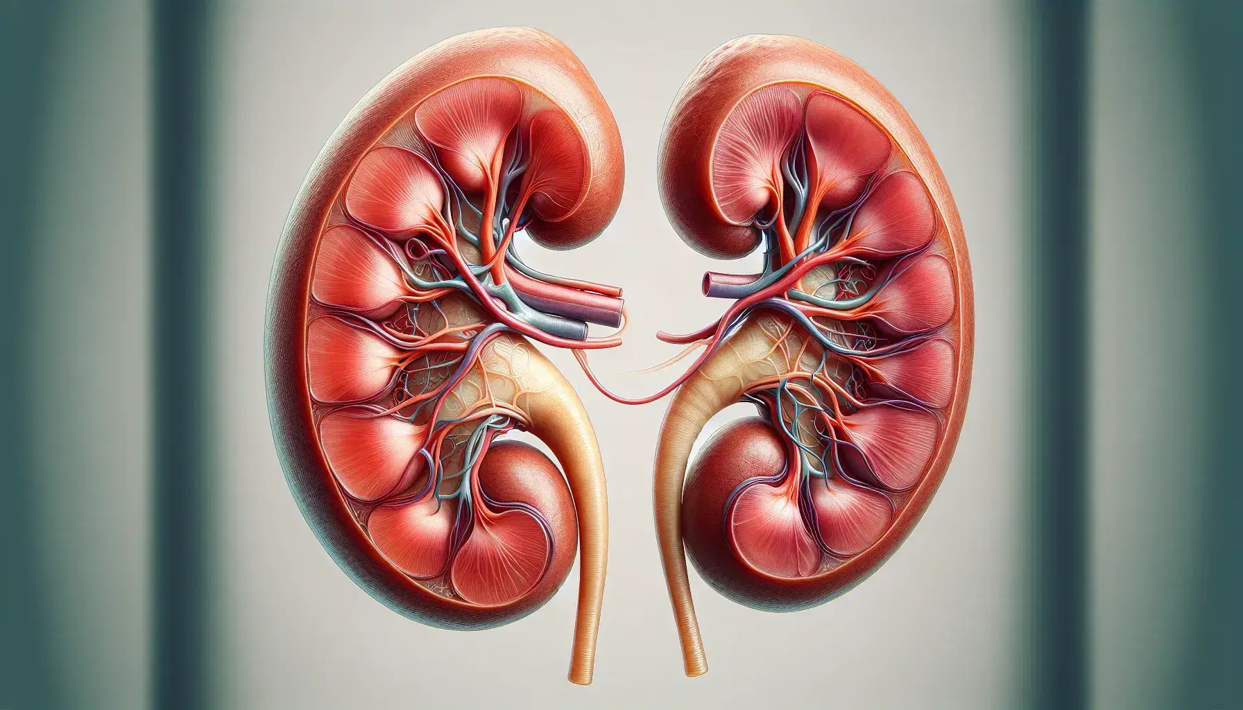 Rappresentazione anatomica dettagliata di due reni umani in posizione retroperitoneale con arterie rosse, vene blu, ureteri gialli e ghiandole surrenali marroni.
