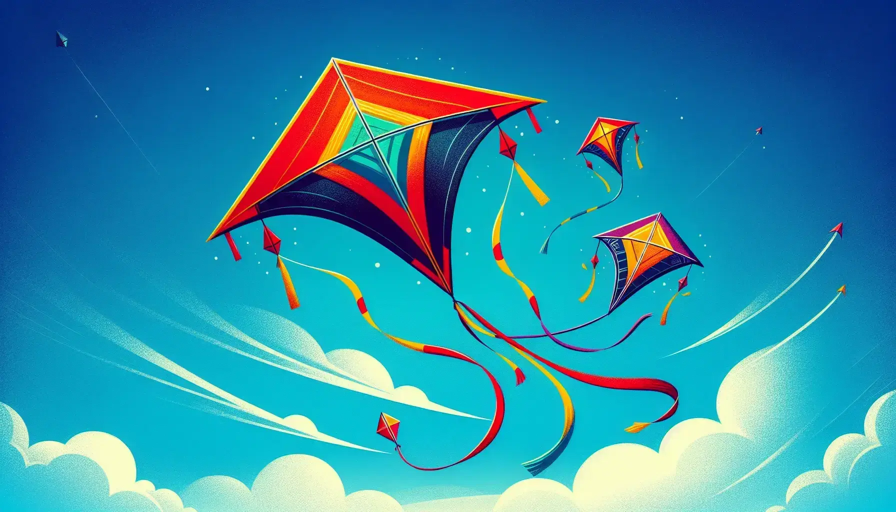 Three colorful isosceles triangle-shaped kites with tails flying in a clear blue sky, featuring red, green, and blue hues with contrasting borders.