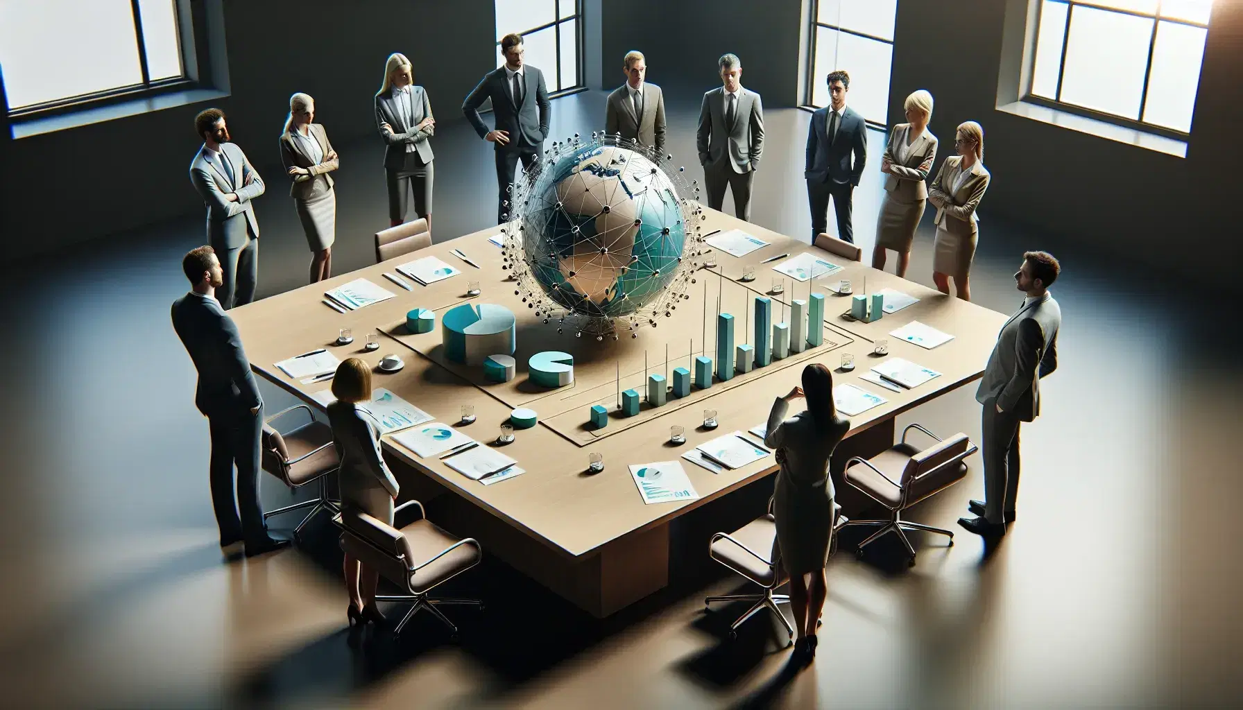 Grupo de profesionales en reunión analizando modelos de datos y gráficos sin texto en una mesa de conferencia.