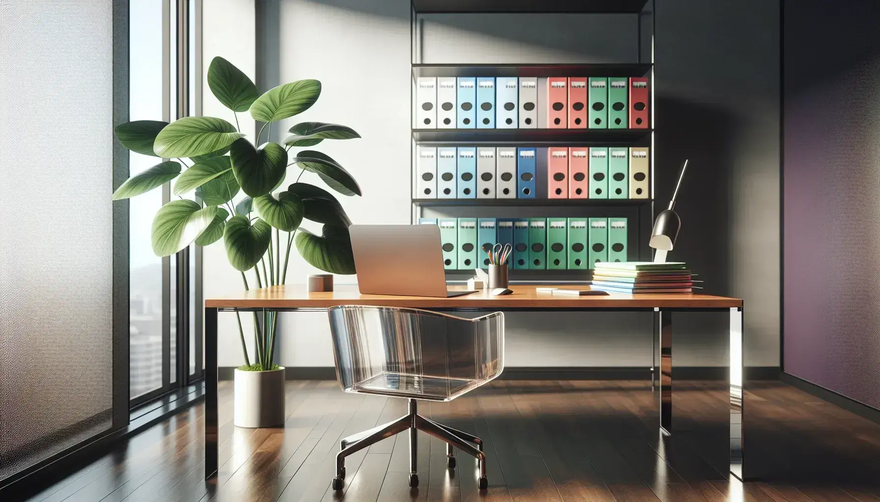 Organized office desk with color-coded folders, modern acrylic chair, and laptop, beside a potted plant, with a cityscape visible through a large window.