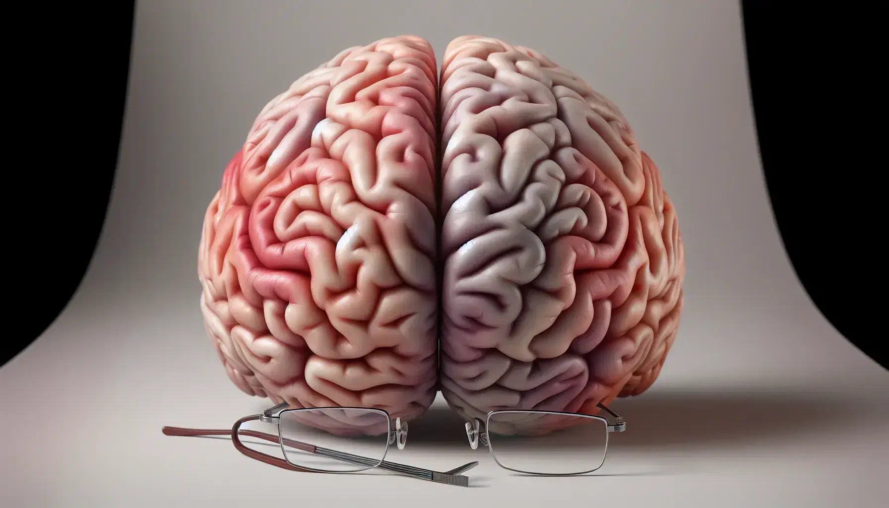 Detailed anatomical model of the human brain in the left hemisphere with metallic glasses in the foreground on a neutral background.
