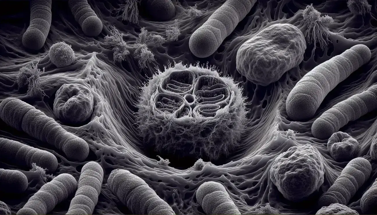 Micrografía electrónica de alta resolución de célula eucariota con peroxisoma central, rodeado de mitocondrias y retículo endoplásmico, en escala de grises.