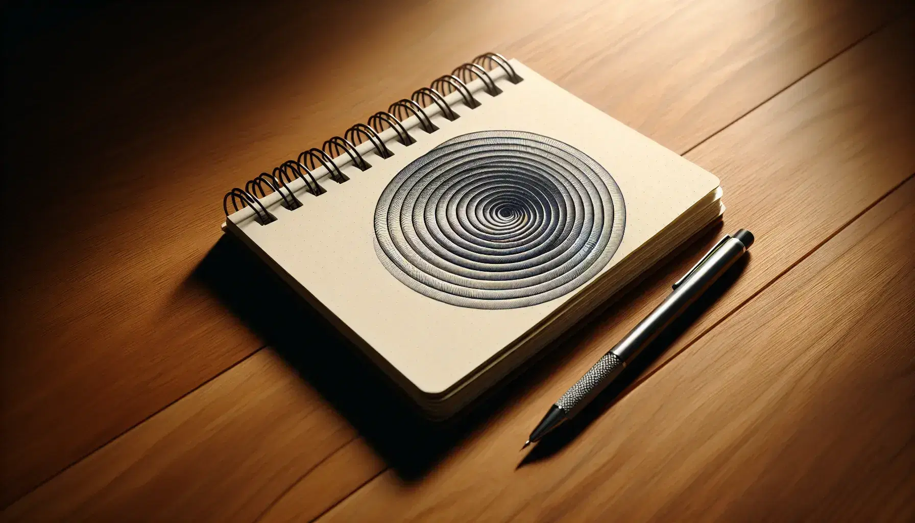 Open spiral notebook on wooden desk with concentric circles drawn in blue ink and mechanical pencil beside.