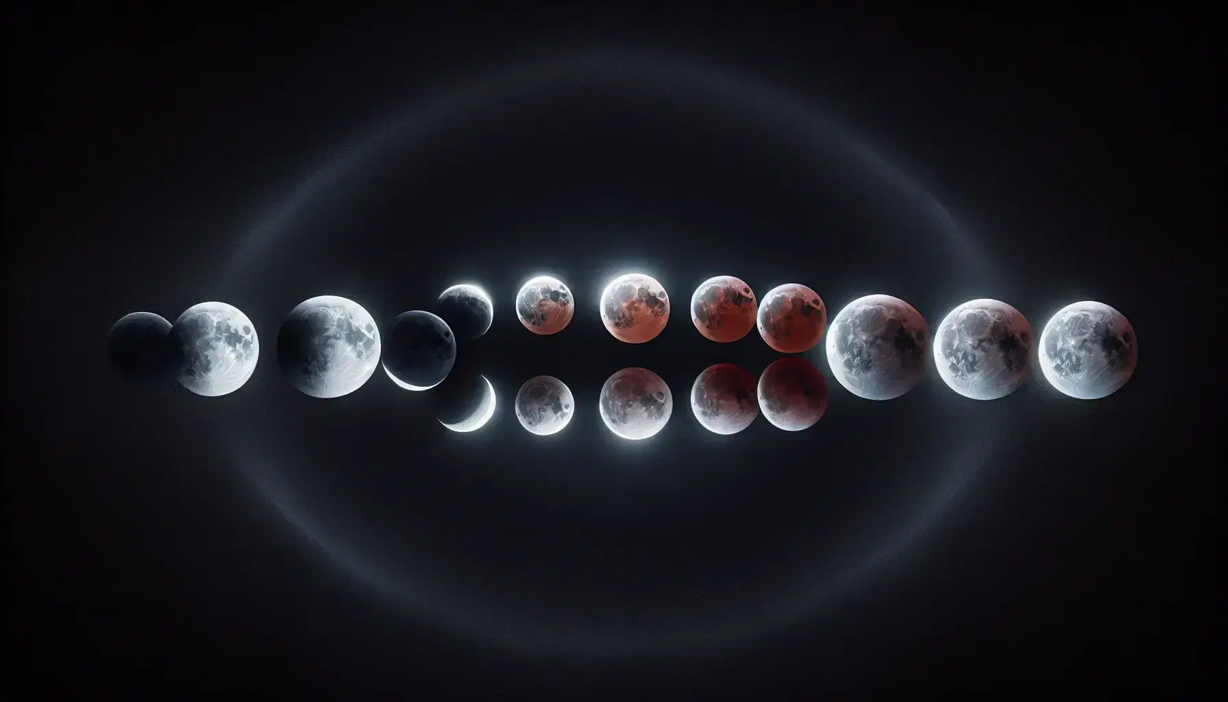 Sequenza orizzontale di fasi di eclissi lunare da piena a "luna di sangue" su sfondo stellato notturno.