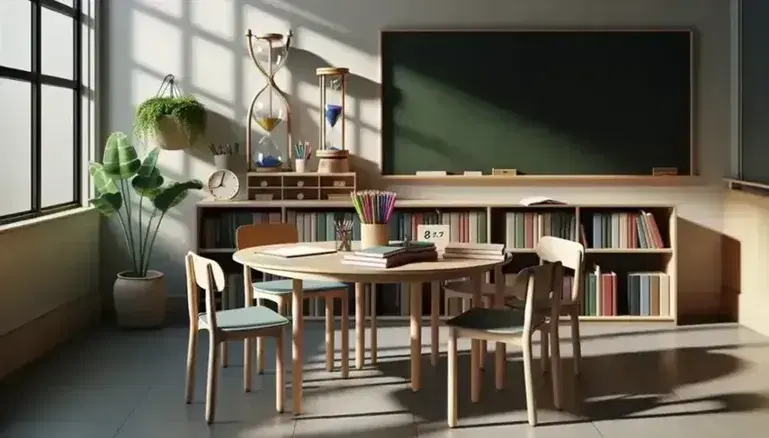 Aula iluminada con mesa redonda de madera, sillas con asientos azules, útiles escolares y pizarra verde, estantería con libros y planta interior.