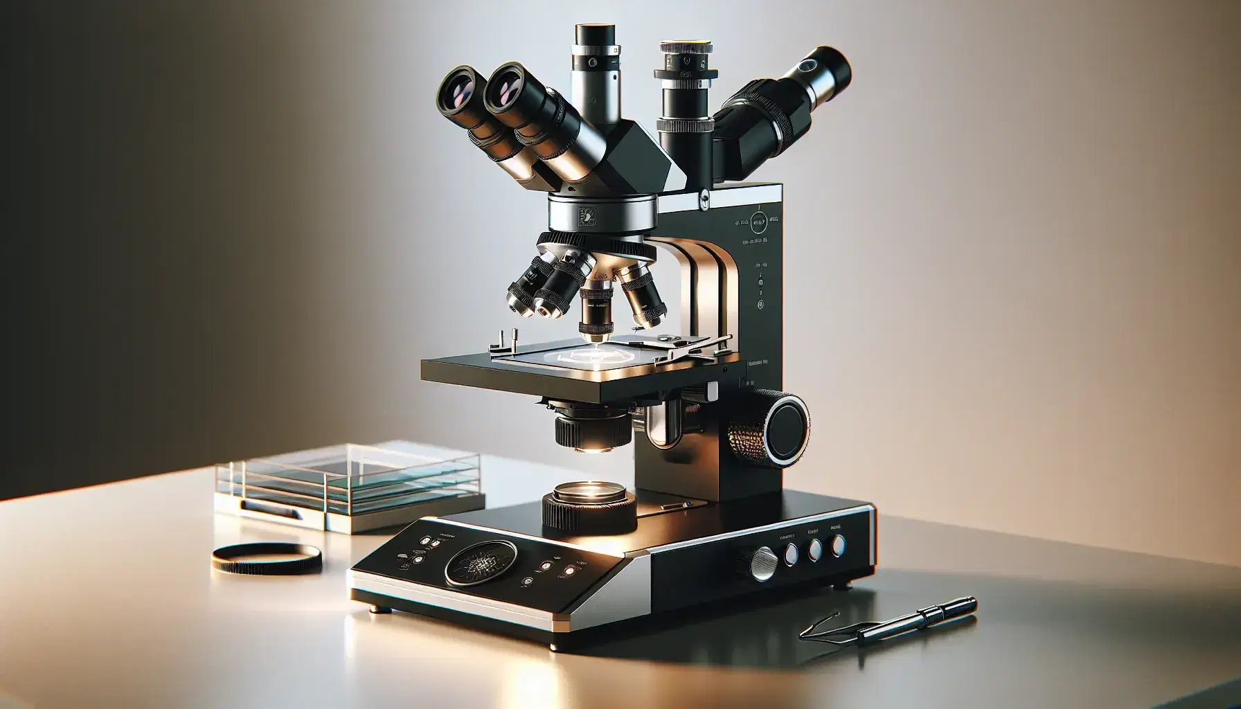 Microscopio óptico moderno en laboratorio con objetivos intercambiables, ocular, escenario con portaobjetos y fuente de luz integrada, rodeado de láminas de vidrio y cubreobjetos.