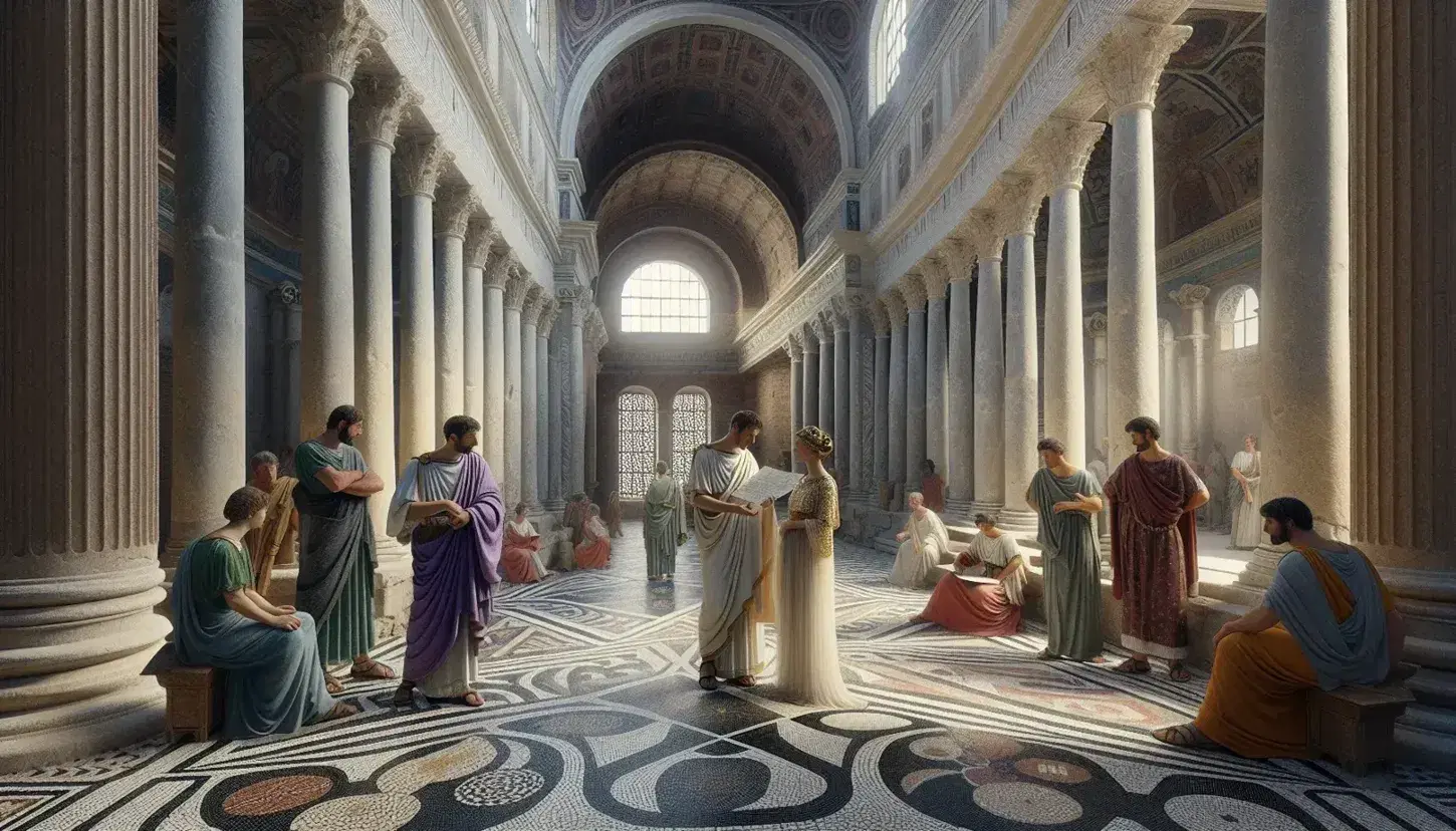 Scena in basilica romana con uomo in toga porpora e pergamena, donna in stola avorio e oro, figure in tuniche colorate, in dialogo e studio.