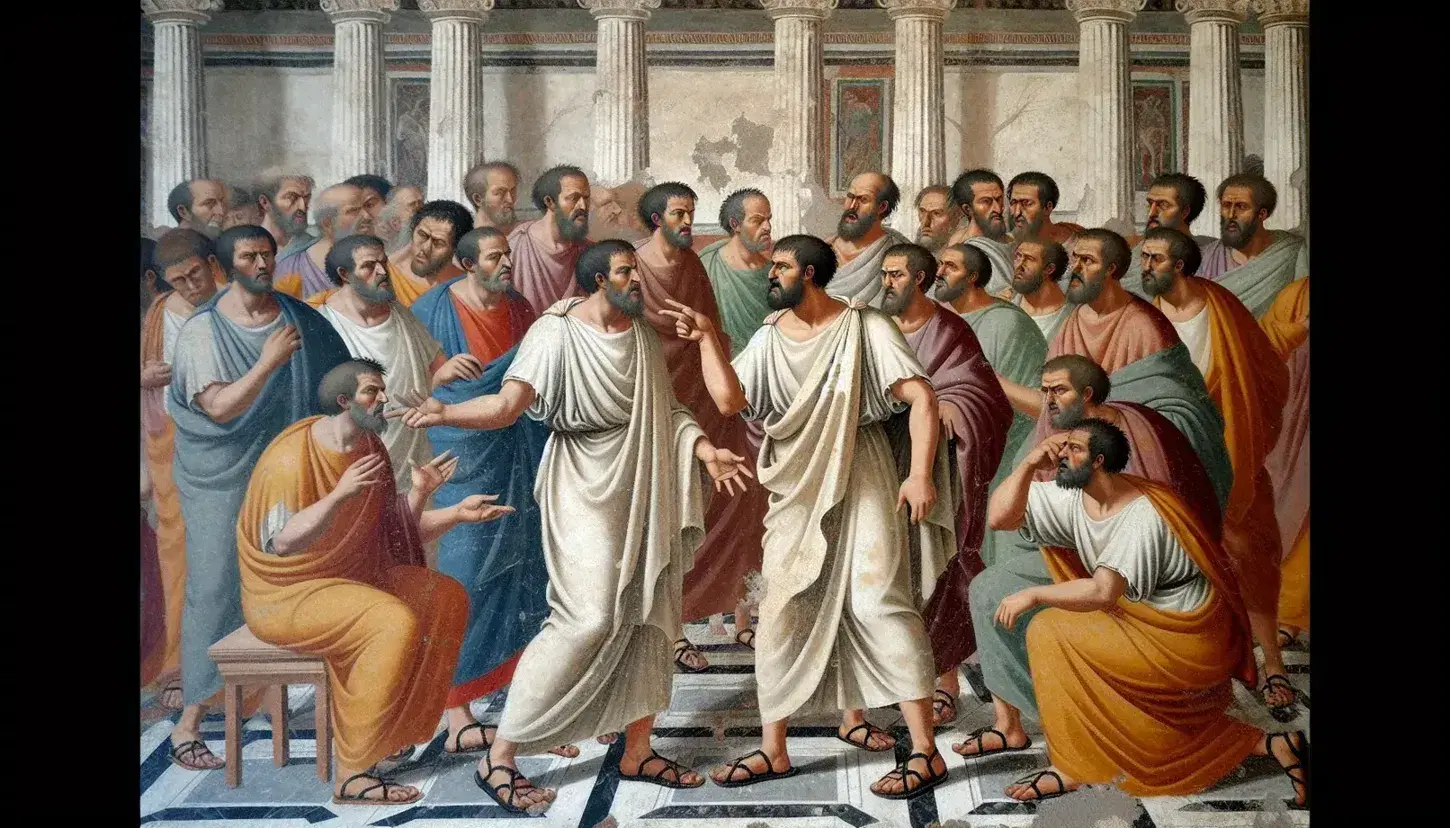 Due uomini in toga discutono animatamente in una piazza romana antica, circondati da spettatori e colonne marmoree, sotto un cielo azzurro.
