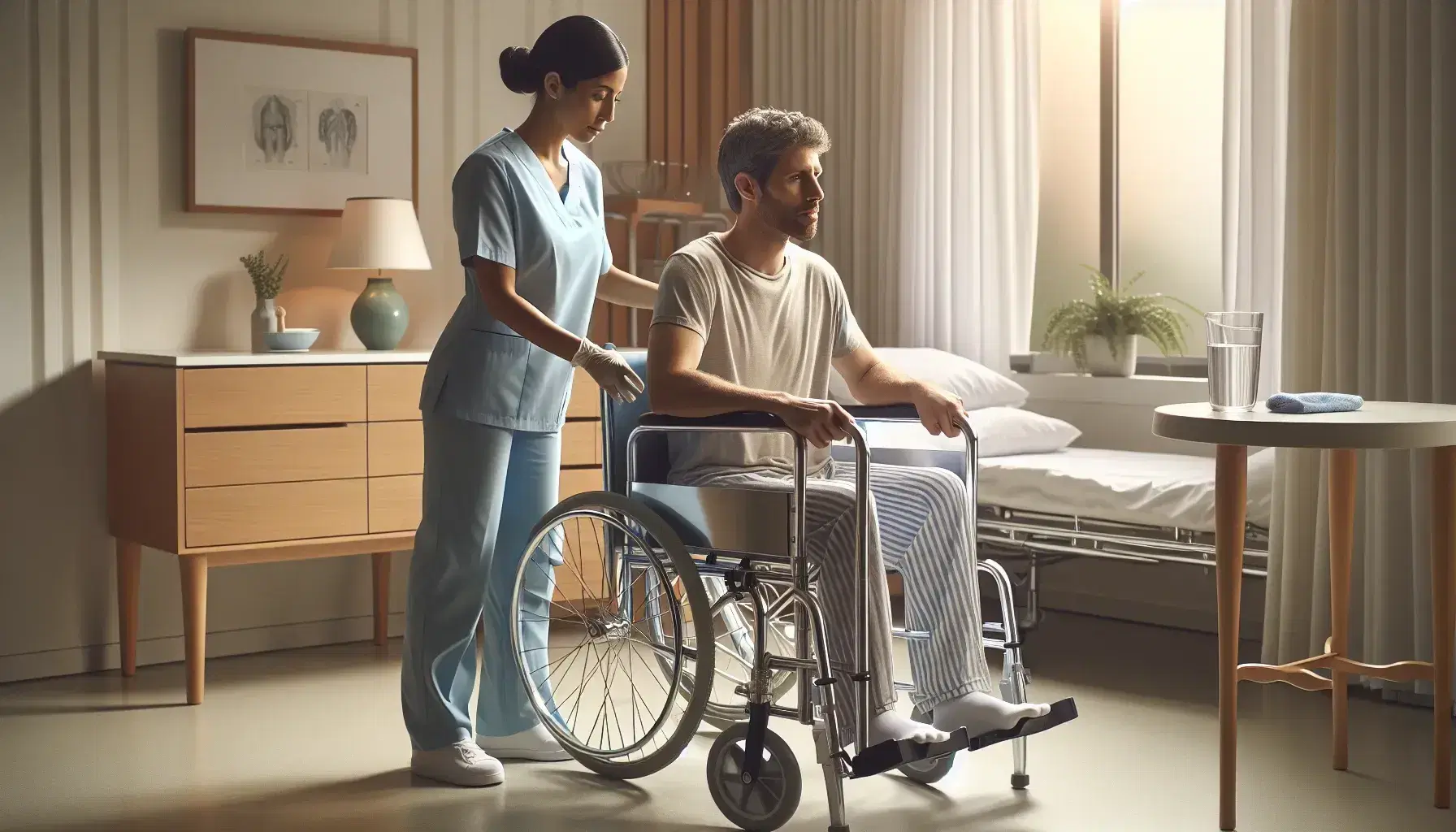 Enfermera asistiendo a paciente masculino en silla de ruedas con andador en clínica iluminada, ambiente sereno y decoración neutra.