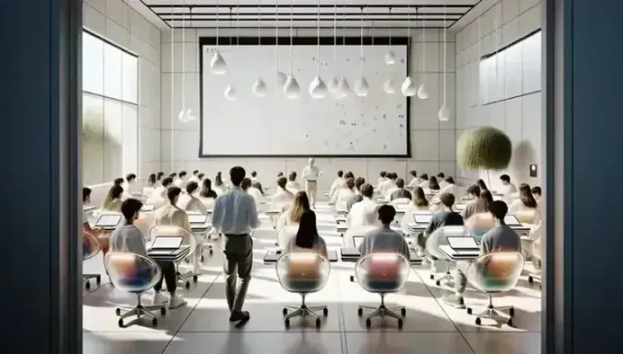 Aula moderna e luminosa al Politecnico di Milano con docente che gestisce lezione e studenti attenti su dispositivi elettronici, senza testi visibili.