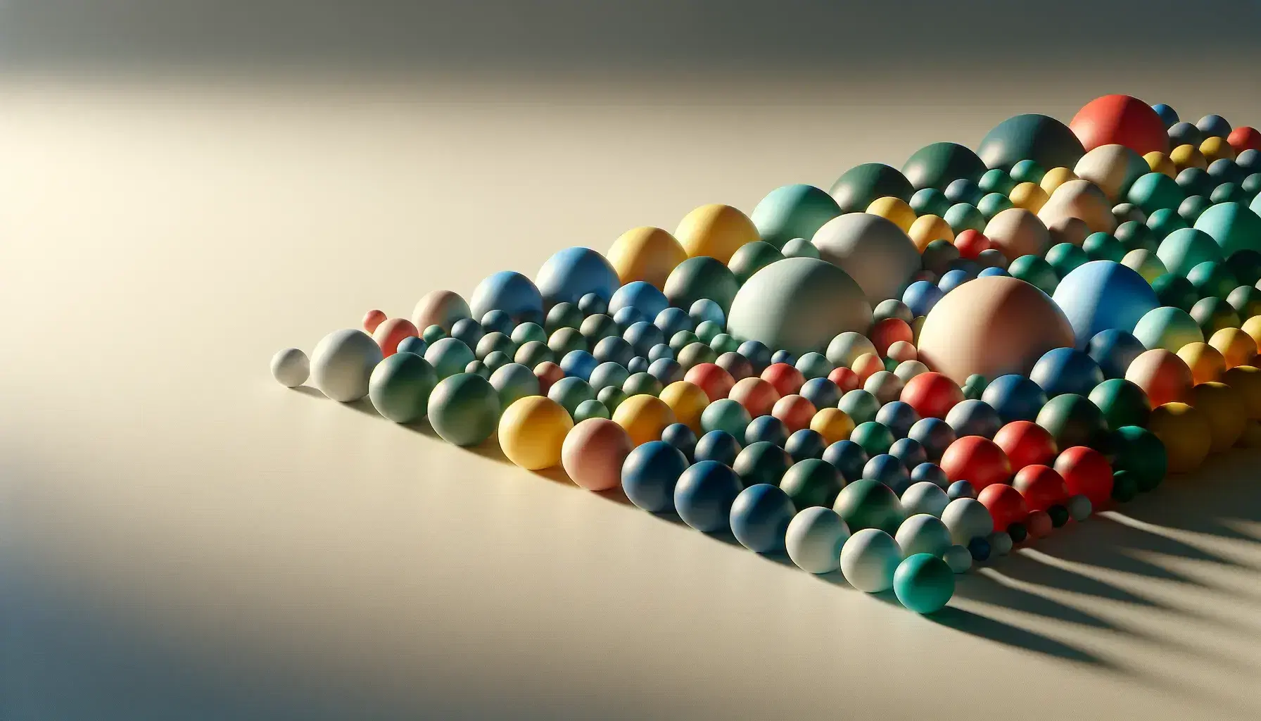 Esferas de colores en gradiente de tamaño formando una distribución normal sobre superficie lisa con sombras suaves.
