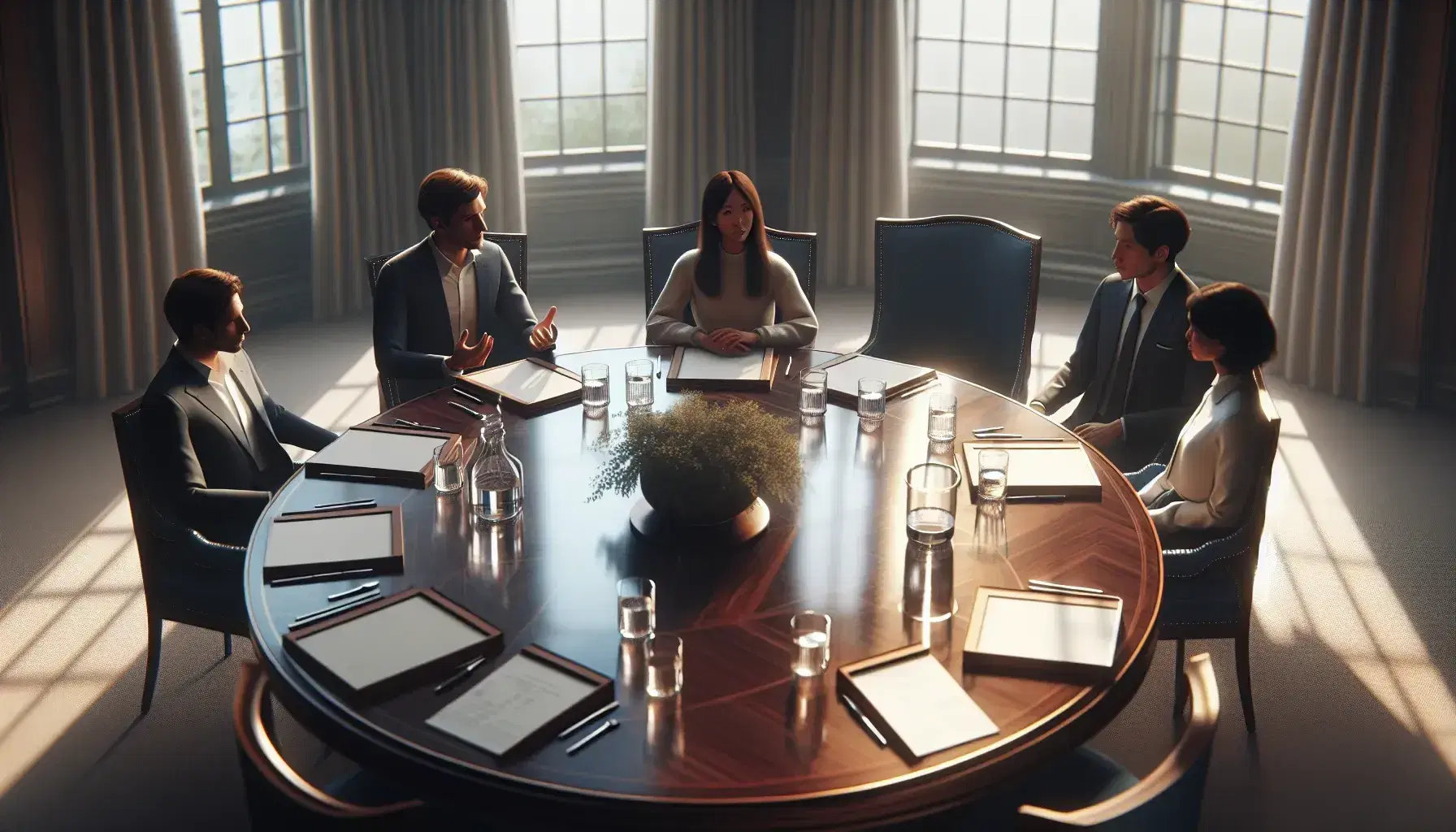 Business meeting with four professionals around a round wooden table, with water and documents, in a bright room.