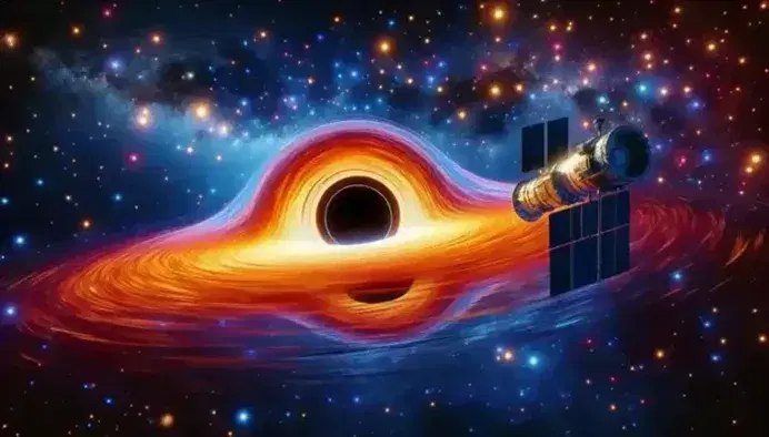 Realistic representation of a black hole with accretion disk and space telescope observing against a starry background.