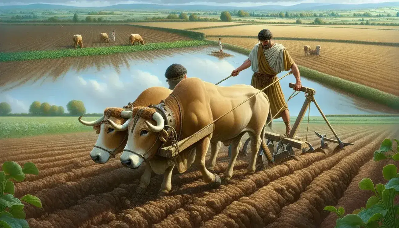 Contadino romano antico lavora la terra con aratro legno e buoi, suolo fertile, attrezzi agricoli e cesto di frutta in primo piano.
